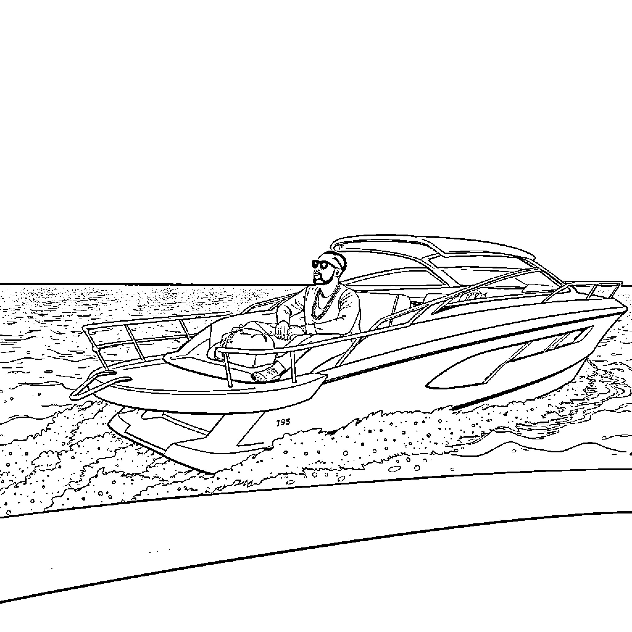 Travis Scott relaxing on futuristic speedboat Coloring Page (free black-and-white line drawing printable PDF for all, from beginners to advanced learners, including children, teens, adults, and seniors)