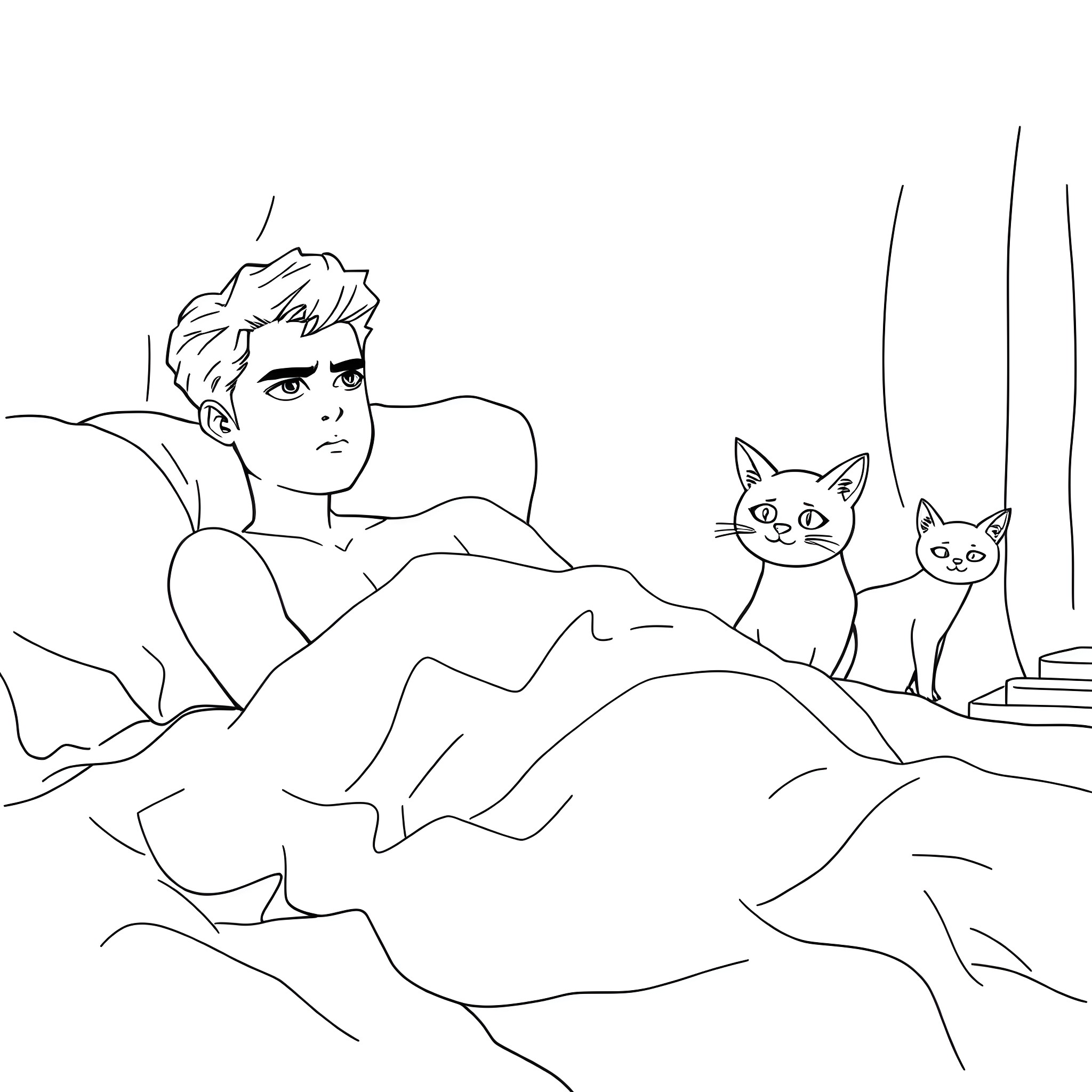 Damian Wayne resting with his pet cats Coloring Page (free black-and-white line drawing printable PDF for all, from beginners to advanced learners, including children, teens, adults, and seniors)
