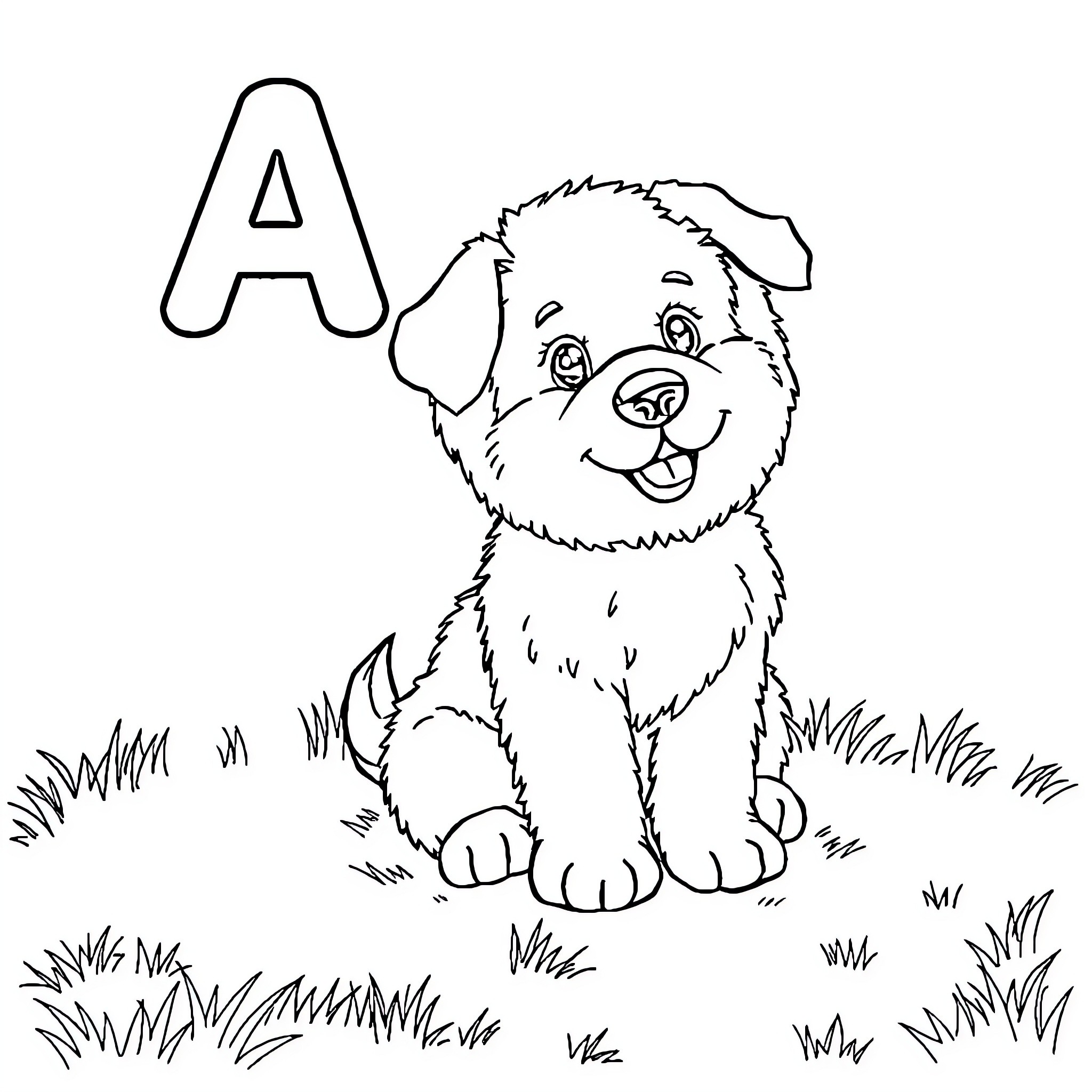 Dog sitting happily on grass Coloring Page (free black-and-white line drawing printable PDF for all, from beginners to advanced learners, including children, teens, adults, and seniors)