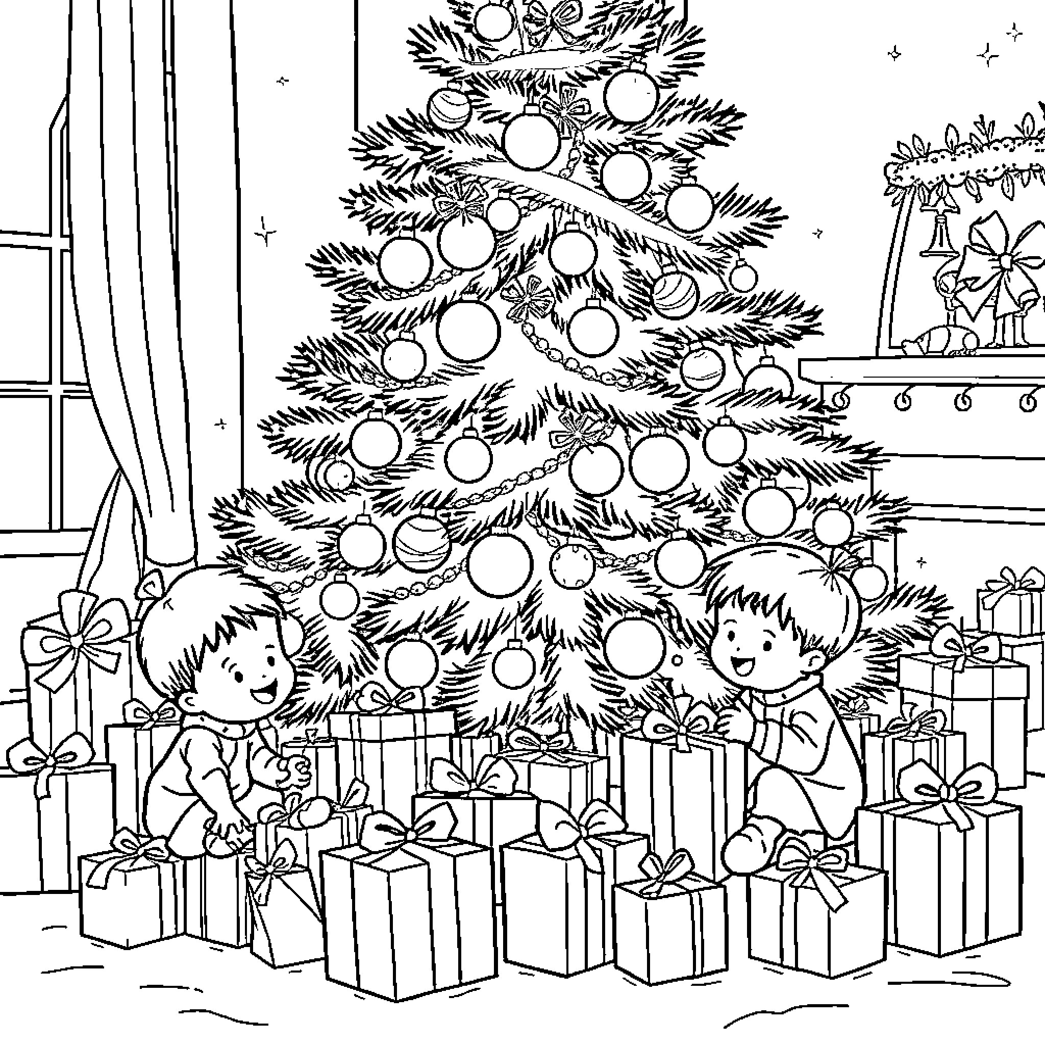 Kid decorating Christmas tree with presents Coloring Page (free black-and-white line drawing printable PDF for all, from beginners to advanced learners, including children, teens, adults, and seniors)