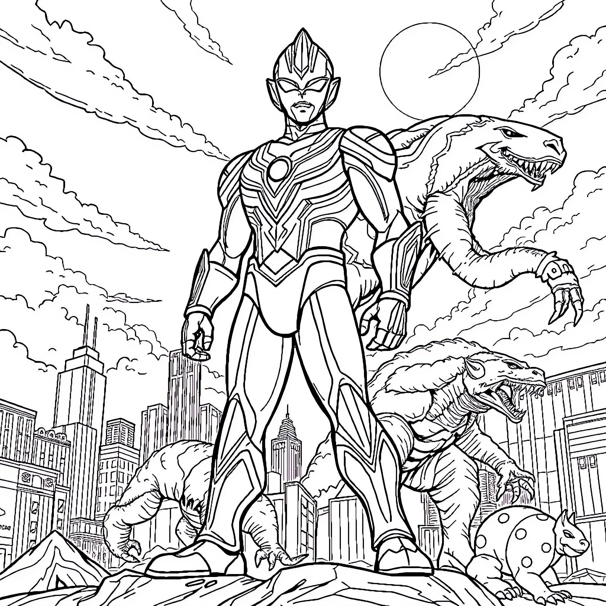 Ultraman battles fierce monsters in the city Coloring Page (free black-and-white line drawing printable PDF for all, from beginners to advanced learners, including children, teens, adults, and seniors)