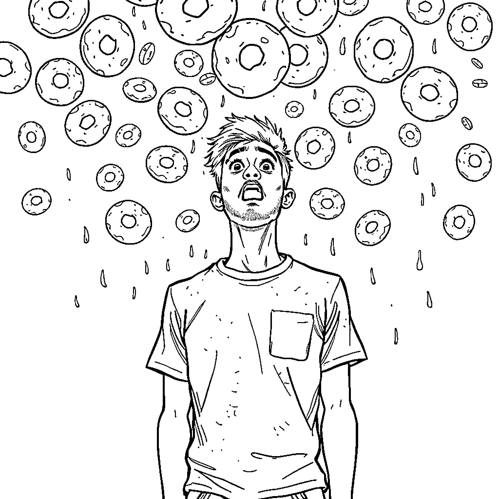 Man surprised by falling doughnuts Coloring Page (free black-and-white line drawing printable PDF for all, from beginners to advanced learners, including children, teens, adults, and seniors)