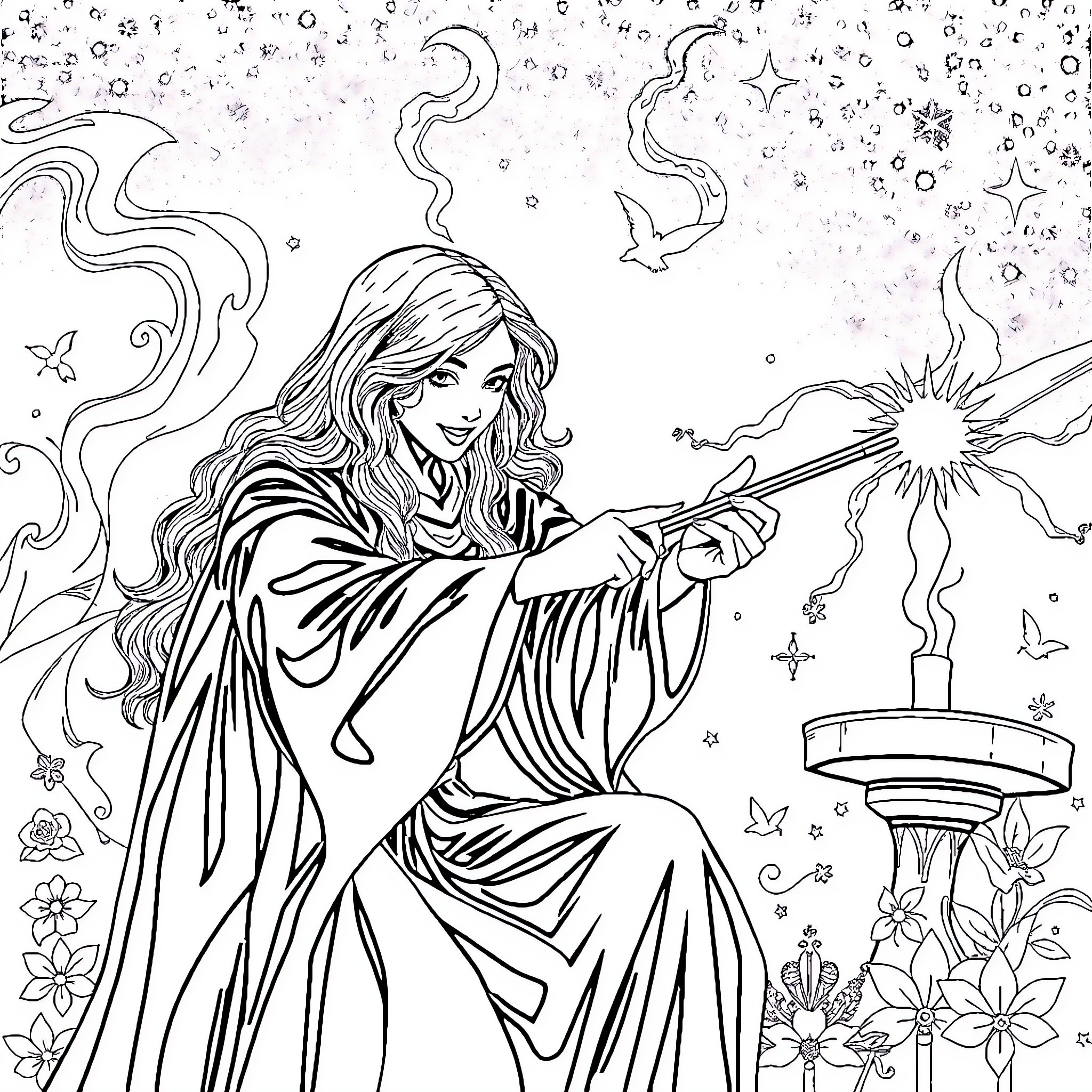 Hermione casting a spell in a magical forest Coloring Page (free black-and-white line drawing printable PDF for all, from beginners to advanced learners, including children, teens, adults, and seniors)