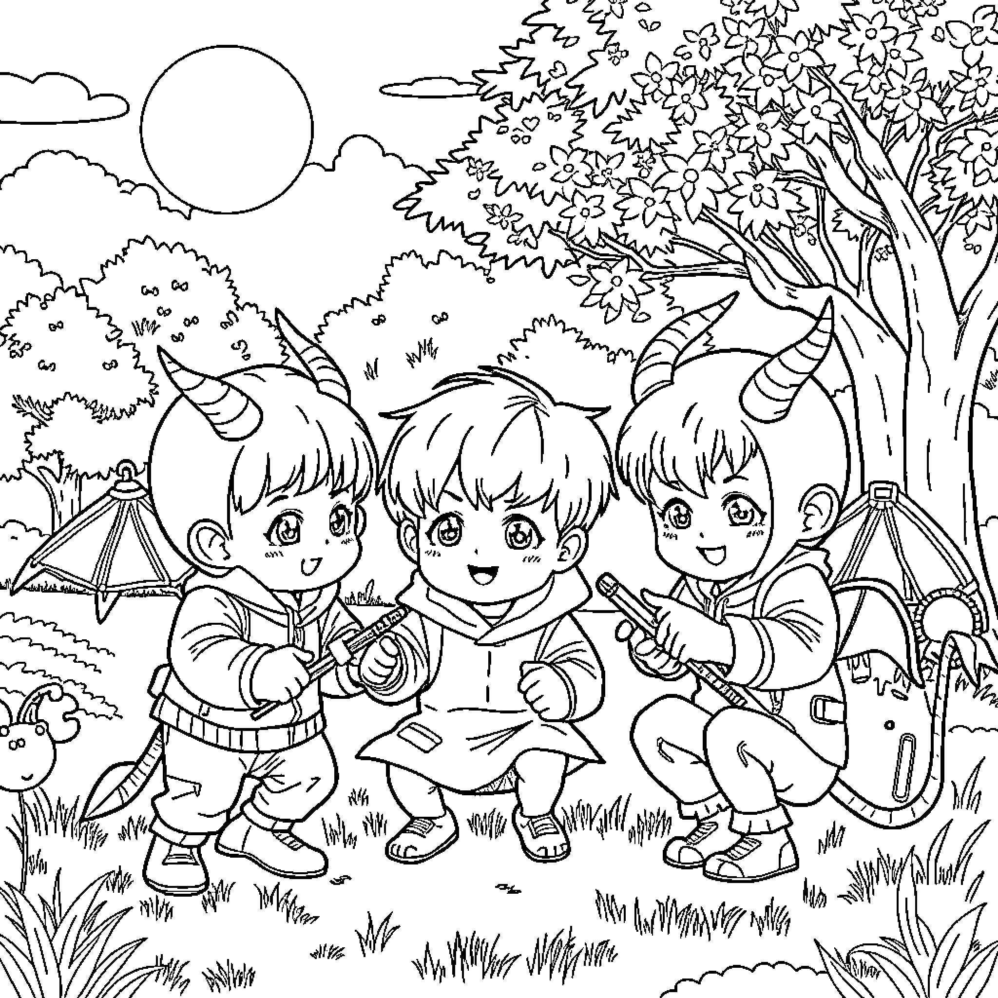 Demon Hunters Exploring the Enchanted Forest Coloring Page (free black-and-white line drawing printable PDF for all, from beginners to advanced learners, including children, teens, adults, and seniors)