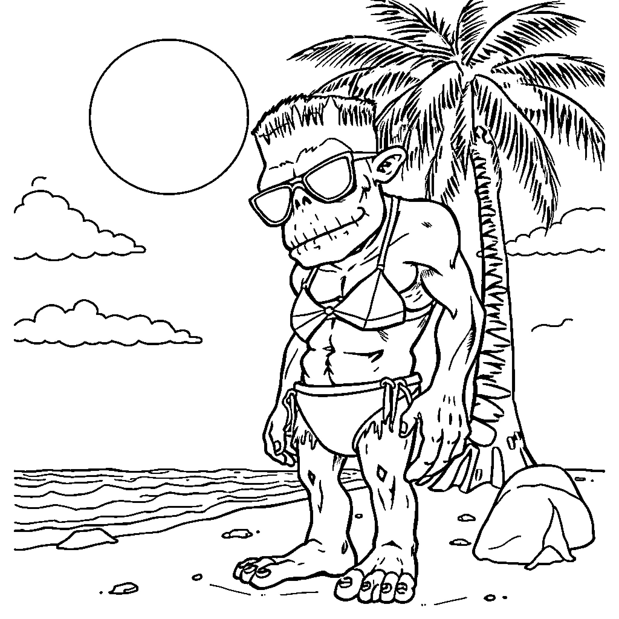 Frankenstein's monster enjoying a day at the beach Coloring Page (free black-and-white line drawing printable PDF for all, from beginners to advanced learners, including children, teens, adults, and seniors)