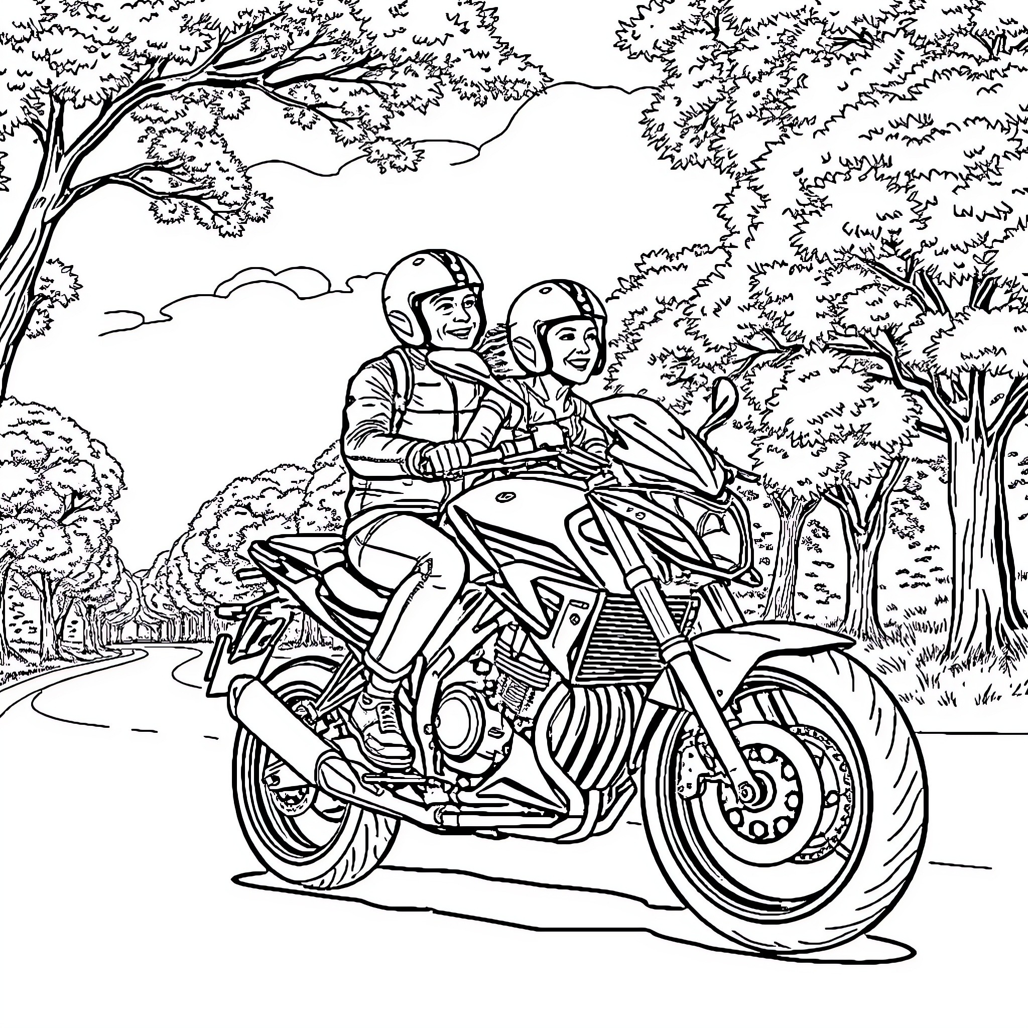 Moto Couple Riding Motorcycle in Forest Coloring Page (free black-and-white line drawing printable PDF for all, from beginners to advanced learners, including children, teens, adults, and seniors)