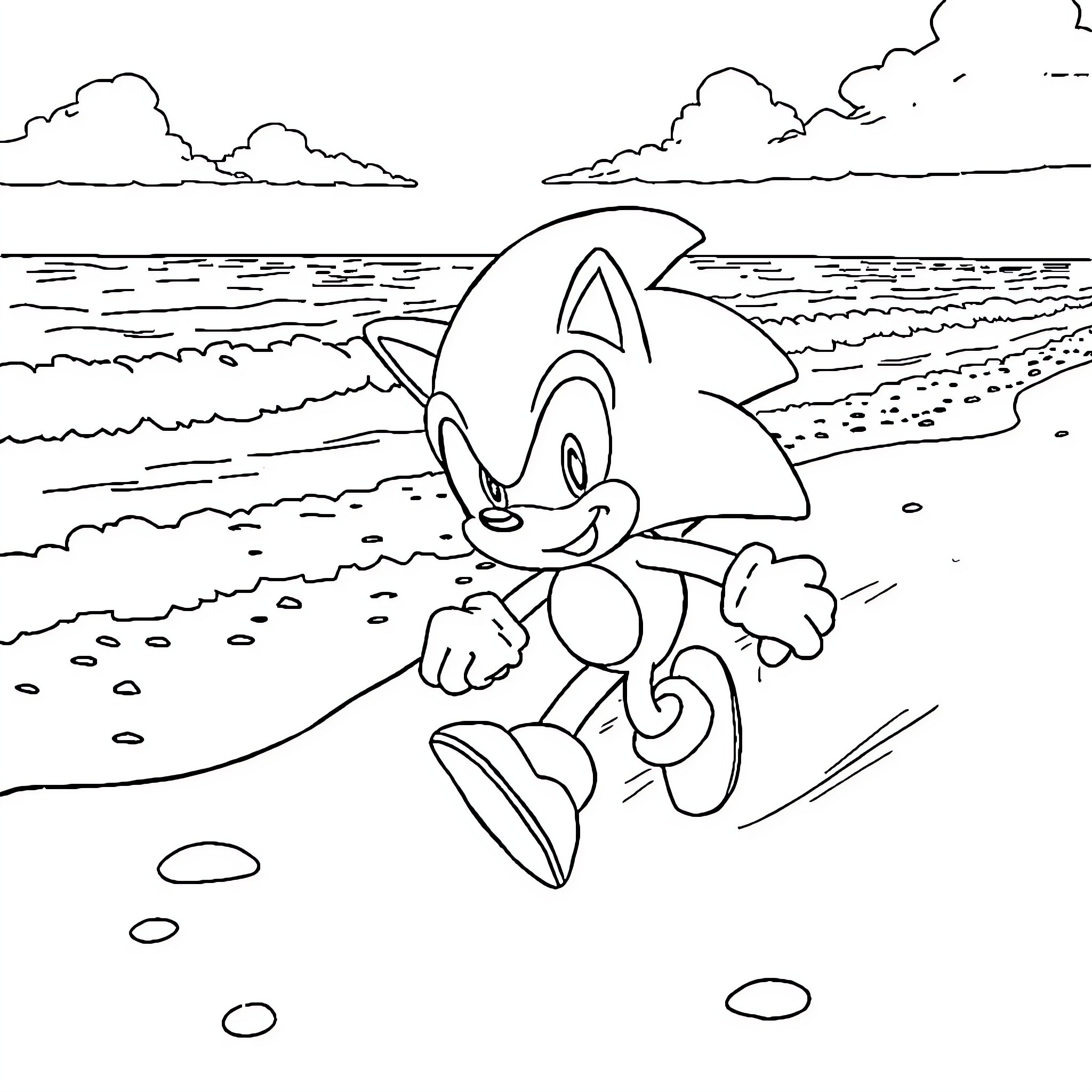 Sonic dashing along the beach in the wind Coloring Page (free black-and-white line drawing printable PDF for all, from beginners to advanced learners, including children, teens, adults, and seniors)