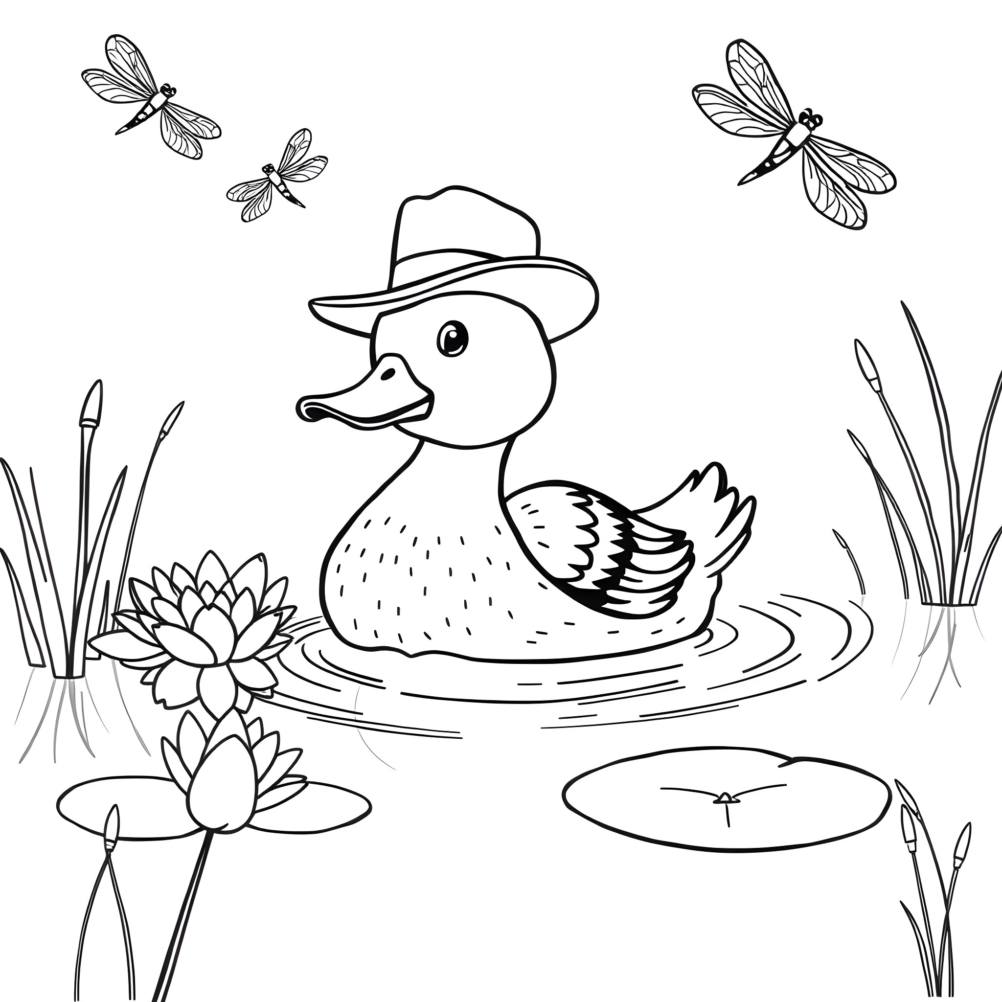 Duck in a pond with dragonflies Coloring Page (free black-and-white line drawing printable PDF for all, from beginners to advanced learners, including children, teens, adults, and seniors)