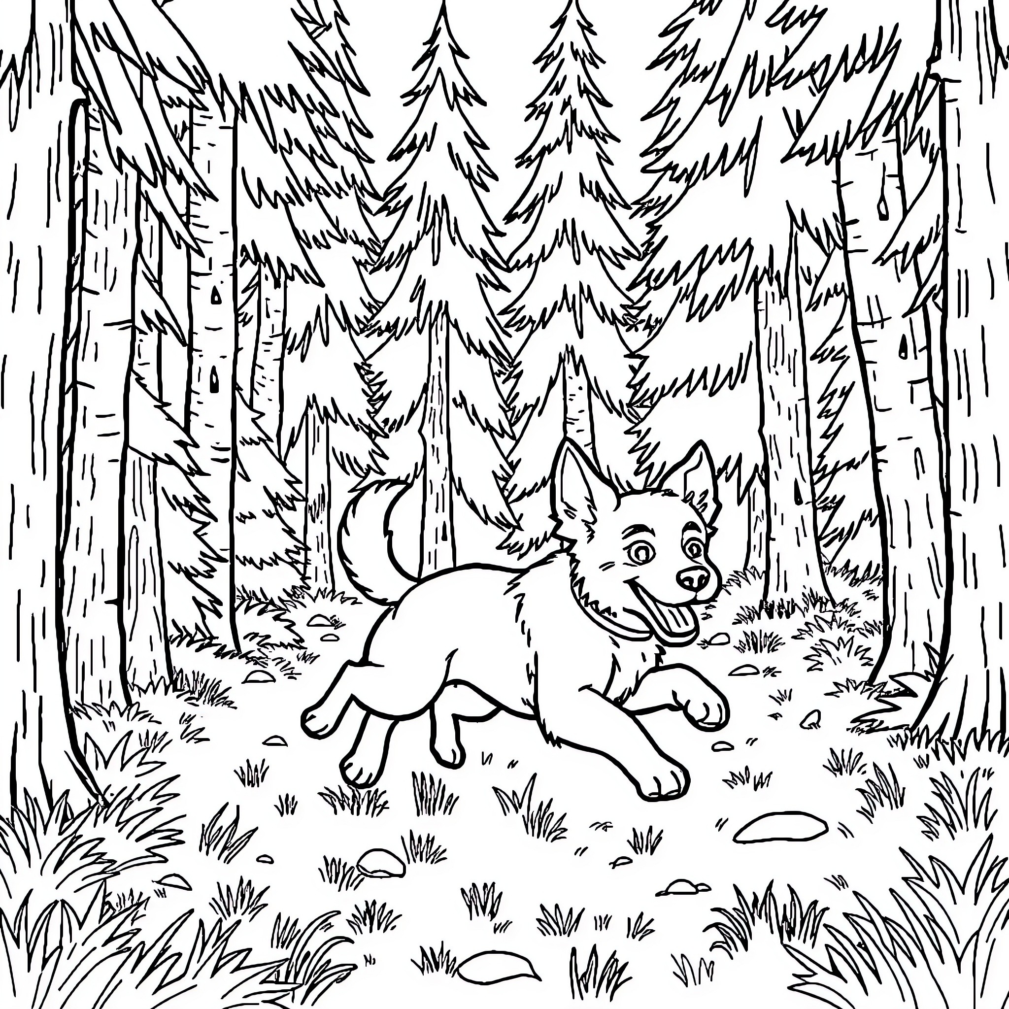 Dog exploring the enchanted forest Coloring Page (free black-and-white line drawing printable PDF for all, from beginners to advanced learners, including children, teens, adults, and seniors)