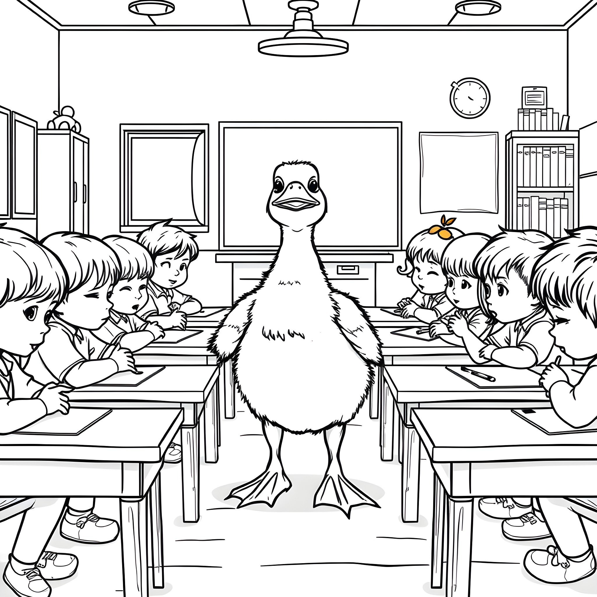 Duckling in Classroom with Playful Children Coloring Page (free black-and-white line drawing printable PDF for all, from beginners to advanced learners, including children, teens, adults, and seniors)