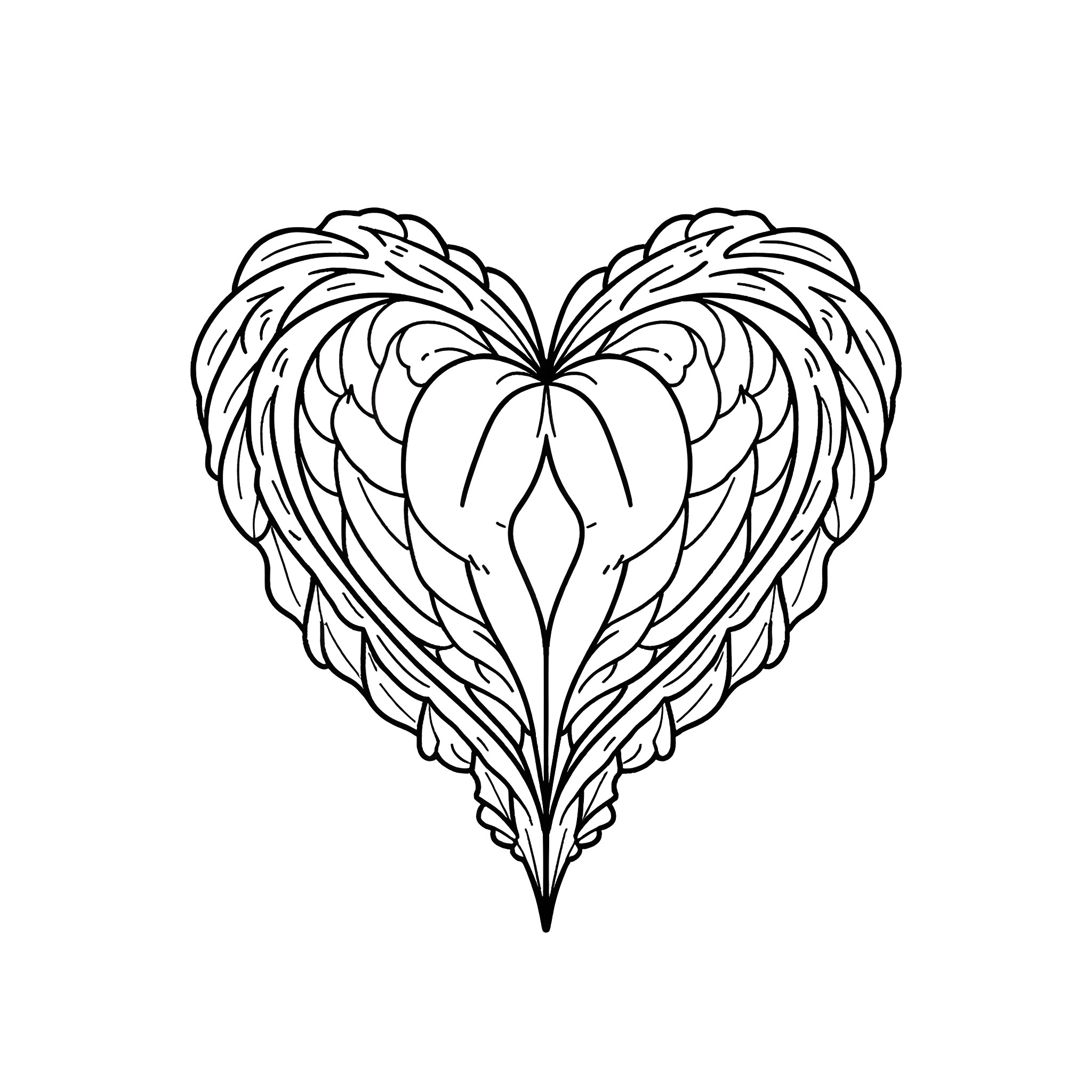 Logo of a detailed heart shape with wing-like patterns Coloring Page (free black-and-white line drawing printable PDF for all, from beginners to advanced learners, including children, teens, adults, and seniors)