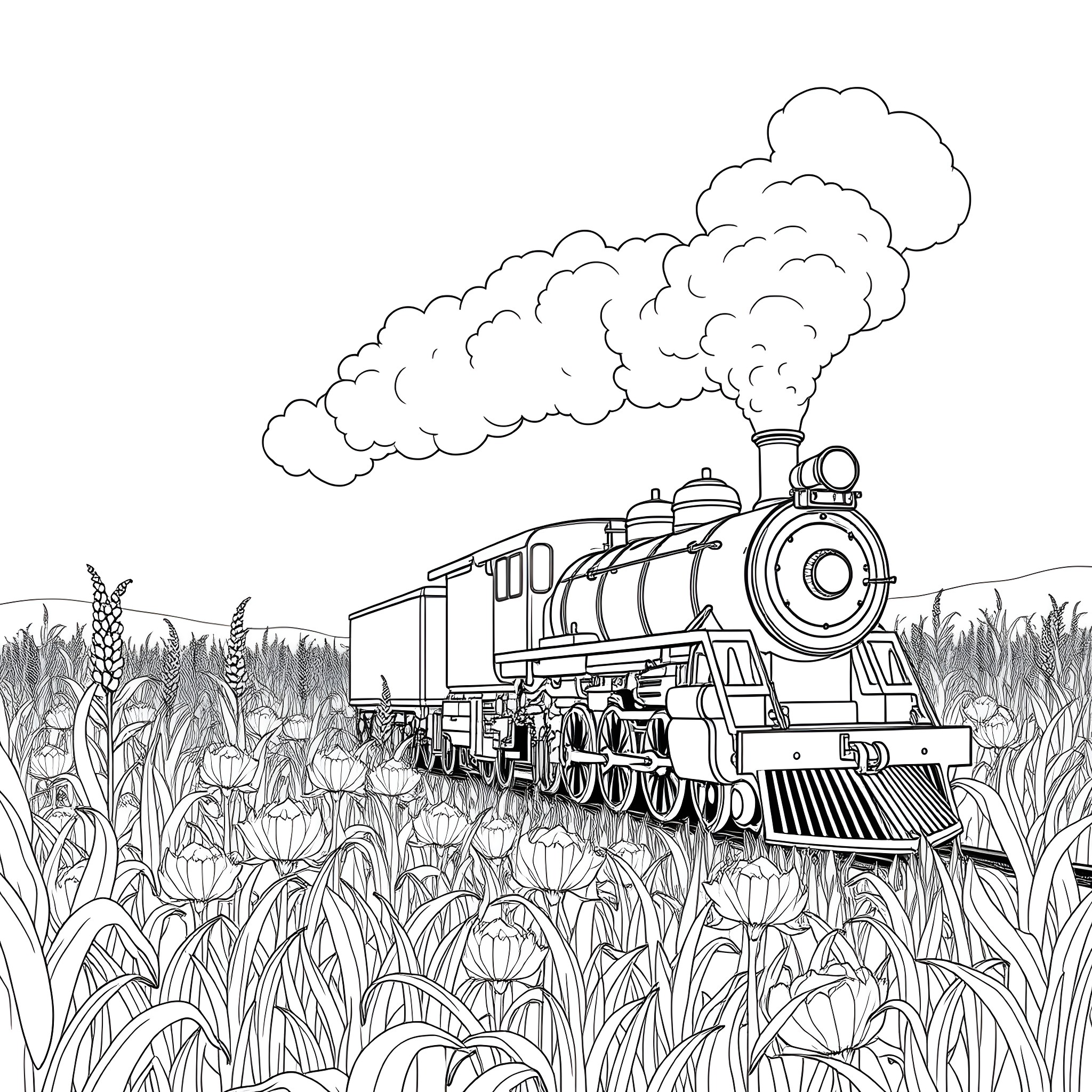 Train traveling through a scenic countryside Coloring Page (free black-and-white line drawing printable PDF for all, from beginners to advanced learners, including children, teens, adults, and seniors)