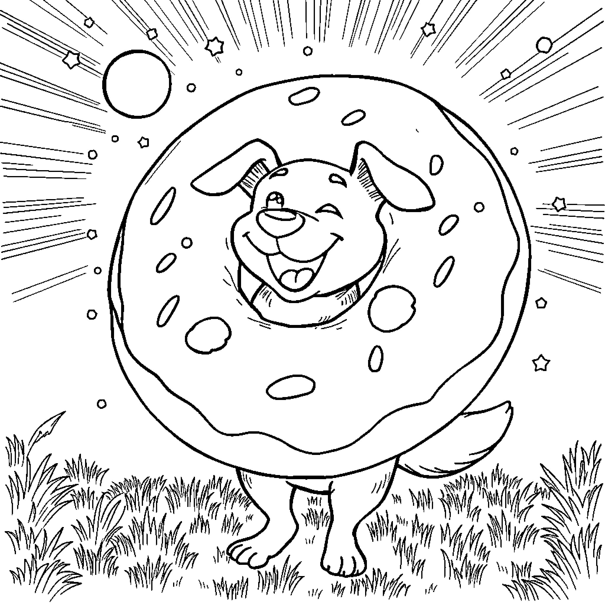 Dog playing happily on the moon Coloring Page (free black-and-white line drawing printable PDF for all, from beginners to advanced learners, including children, teens, adults, and seniors)