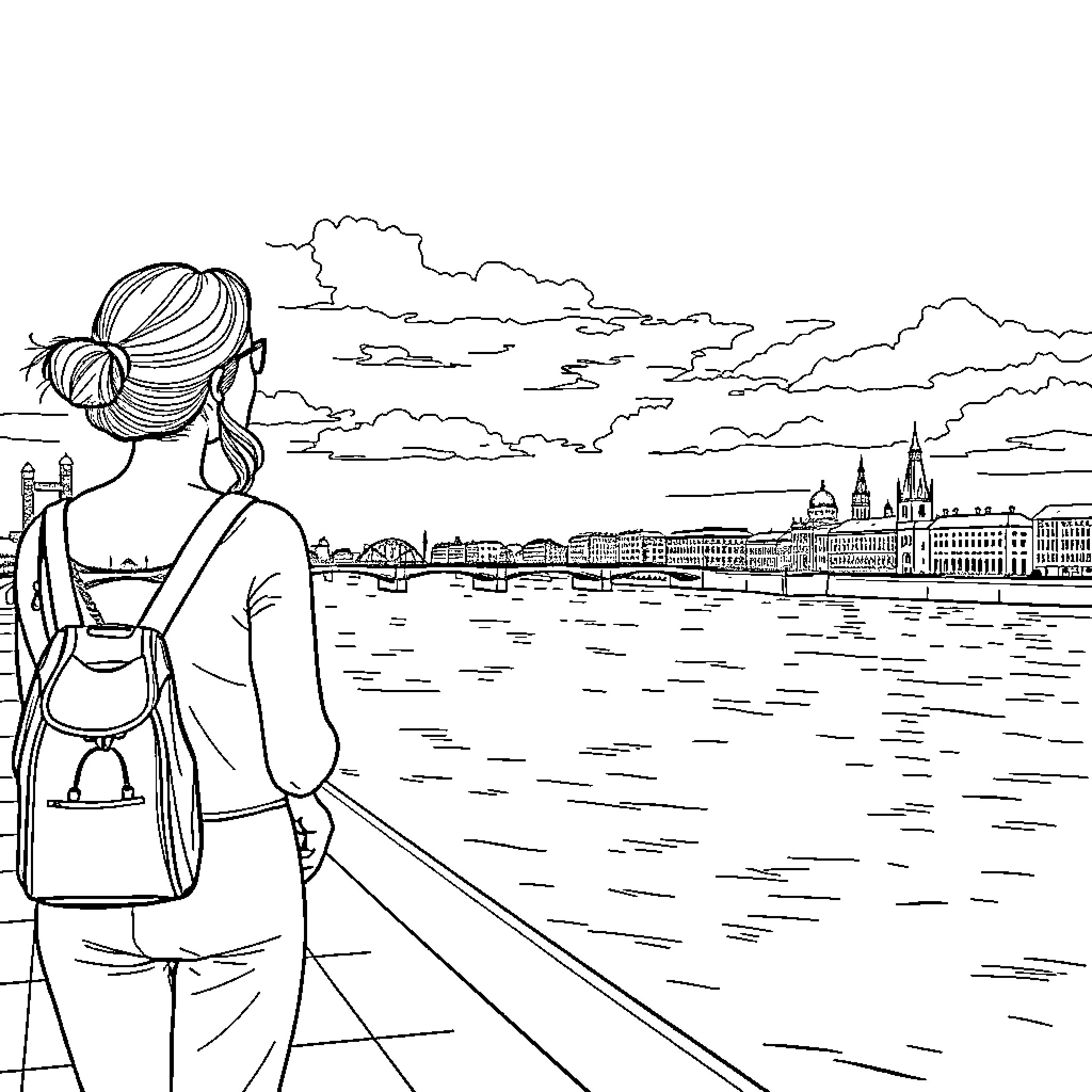 Woman admiring the scenic cityscape by the river Coloring Page (free black-and-white line drawing printable PDF for all, from beginners to advanced learners, including children, teens, adults, and seniors)