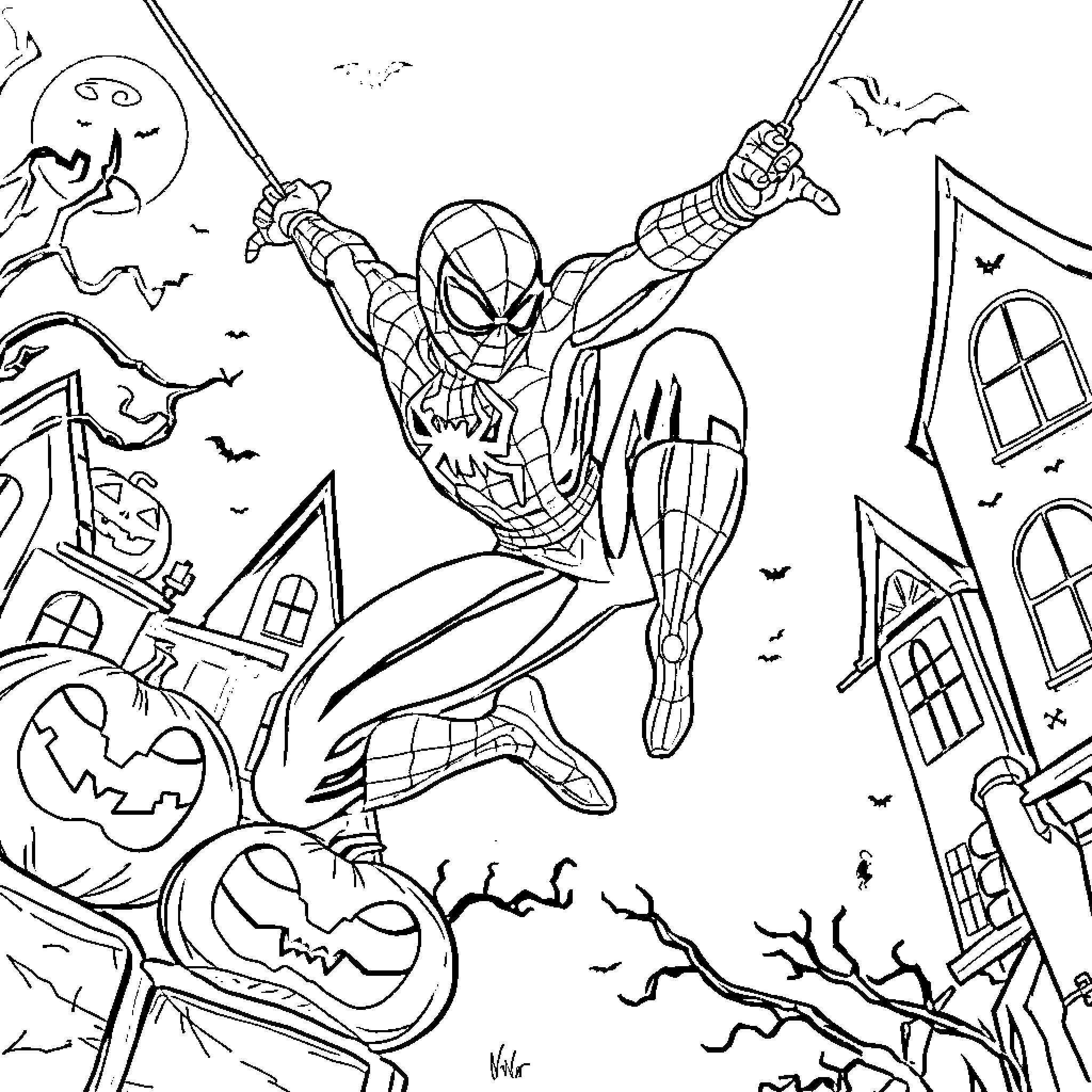 Spiderman swinging through a spooky Halloween scene Coloring Page (free black-and-white line drawing printable PDF for all, from beginners to advanced learners, including children, teens, adults, and seniors)