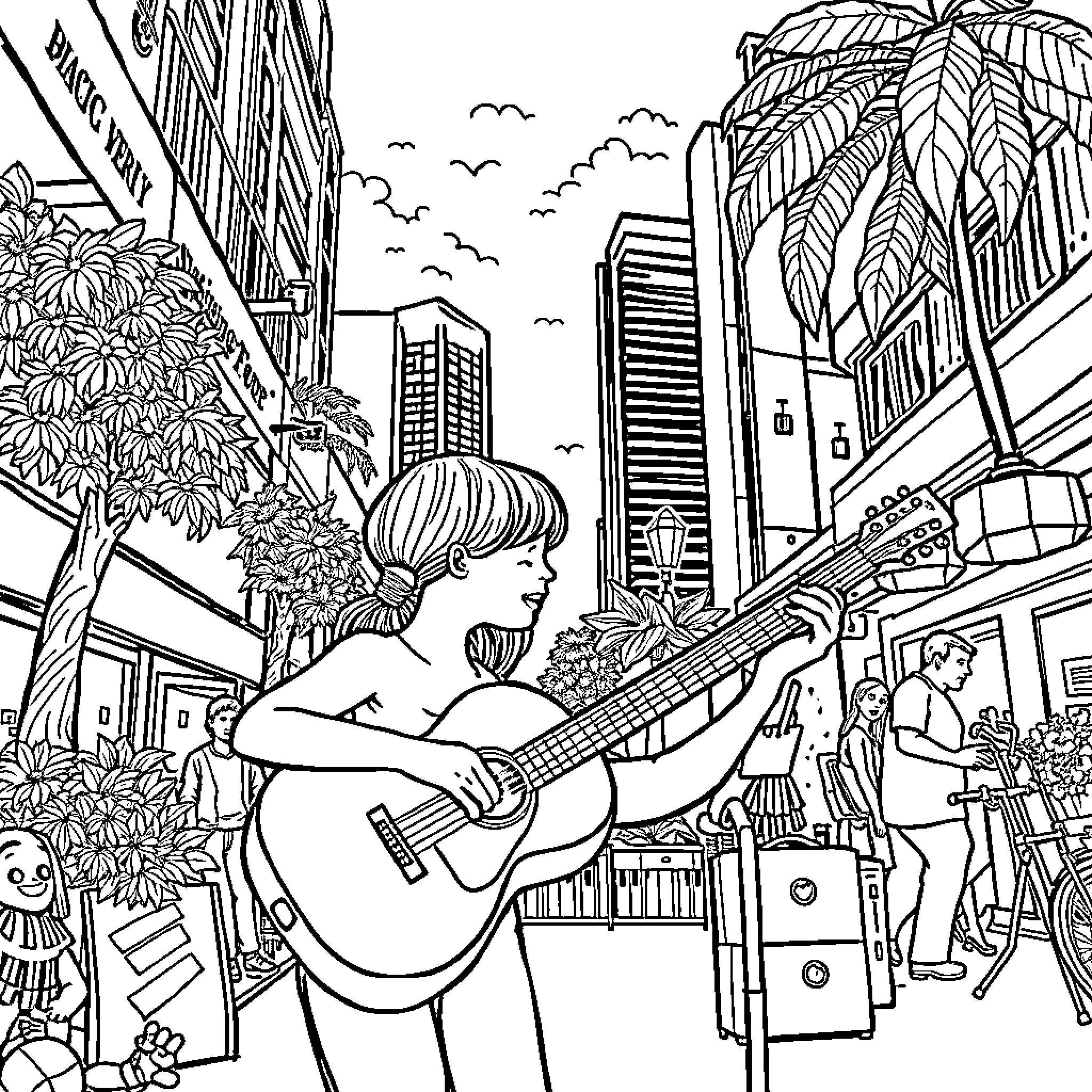 Melody of the City Streets Coloring Page (free black-and-white line drawing printable PDF for all, from beginners to advanced learners, including children, teens, adults, and seniors)