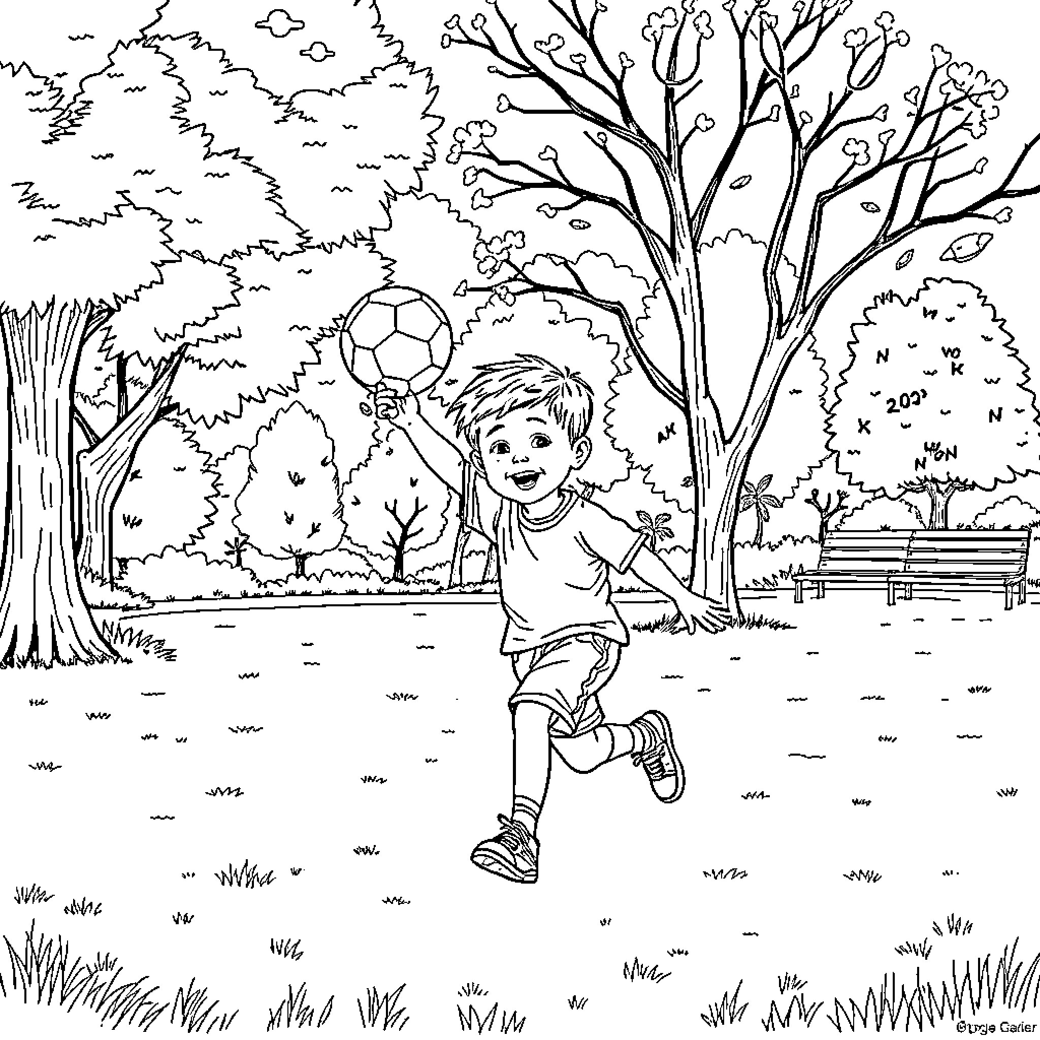 Boy playing with soccer ball in the park Coloring Page (free black-and-white line drawing printable PDF for all, from beginners to advanced learners, including children, teens, adults, and seniors)