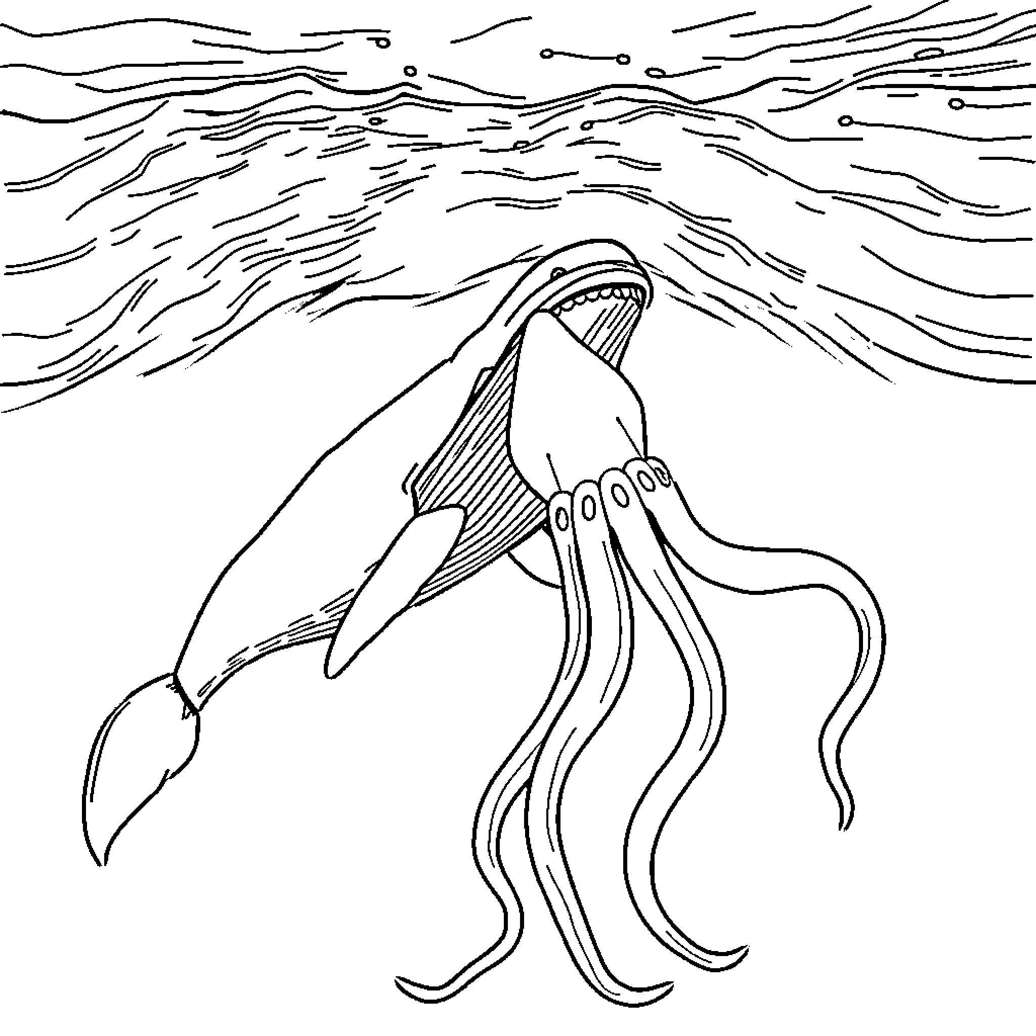 Sperm Whale Emerging From Stormy Waves Coloring Page (free black-and-white line drawing printable PDF for all, from beginners to advanced learners, including children, teens, adults, and seniors)