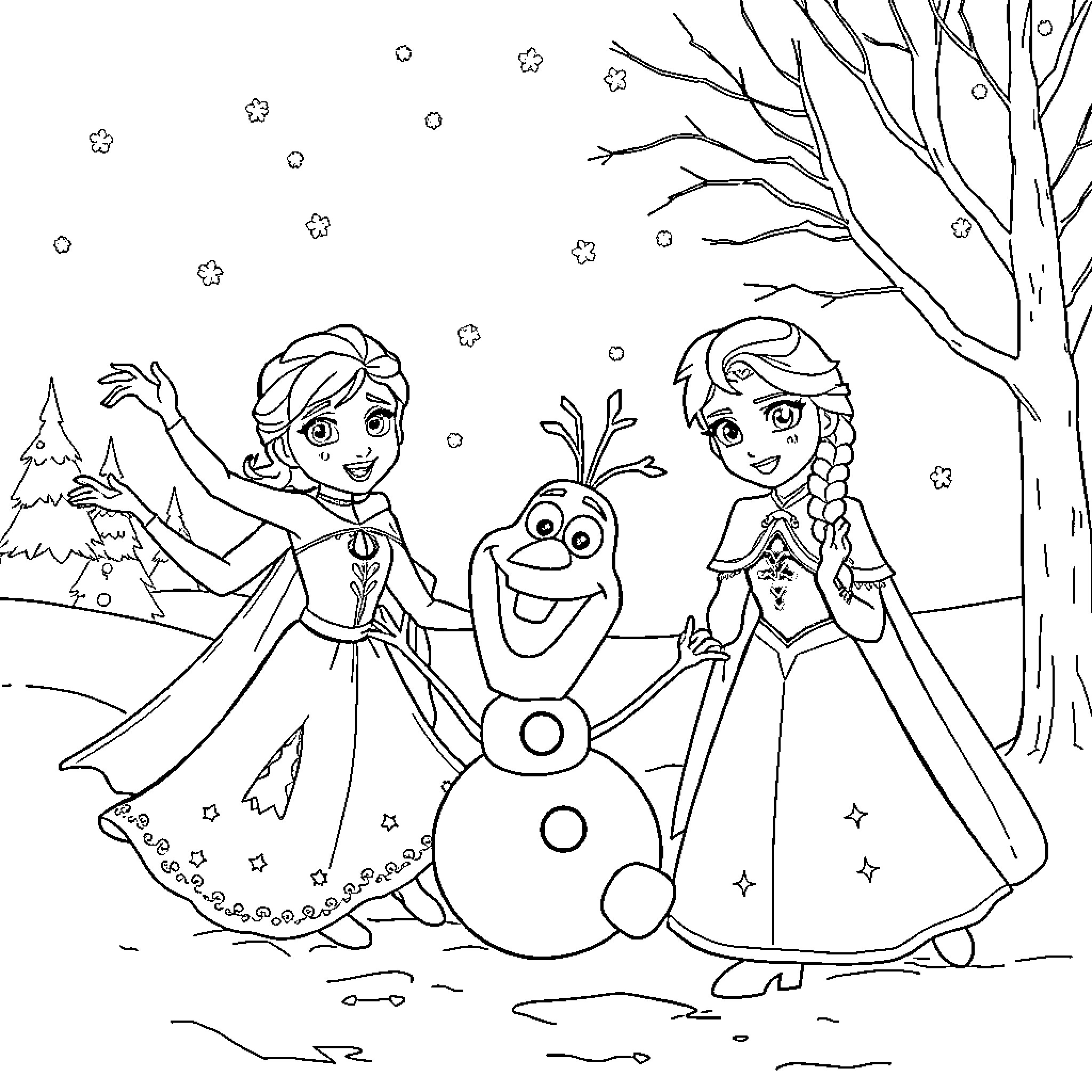 Frozen friends playing in the snowy winter wonderland Coloring Page (free black-and-white line drawing printable PDF for all, from beginners to advanced learners, including children, teens, adults, and seniors)