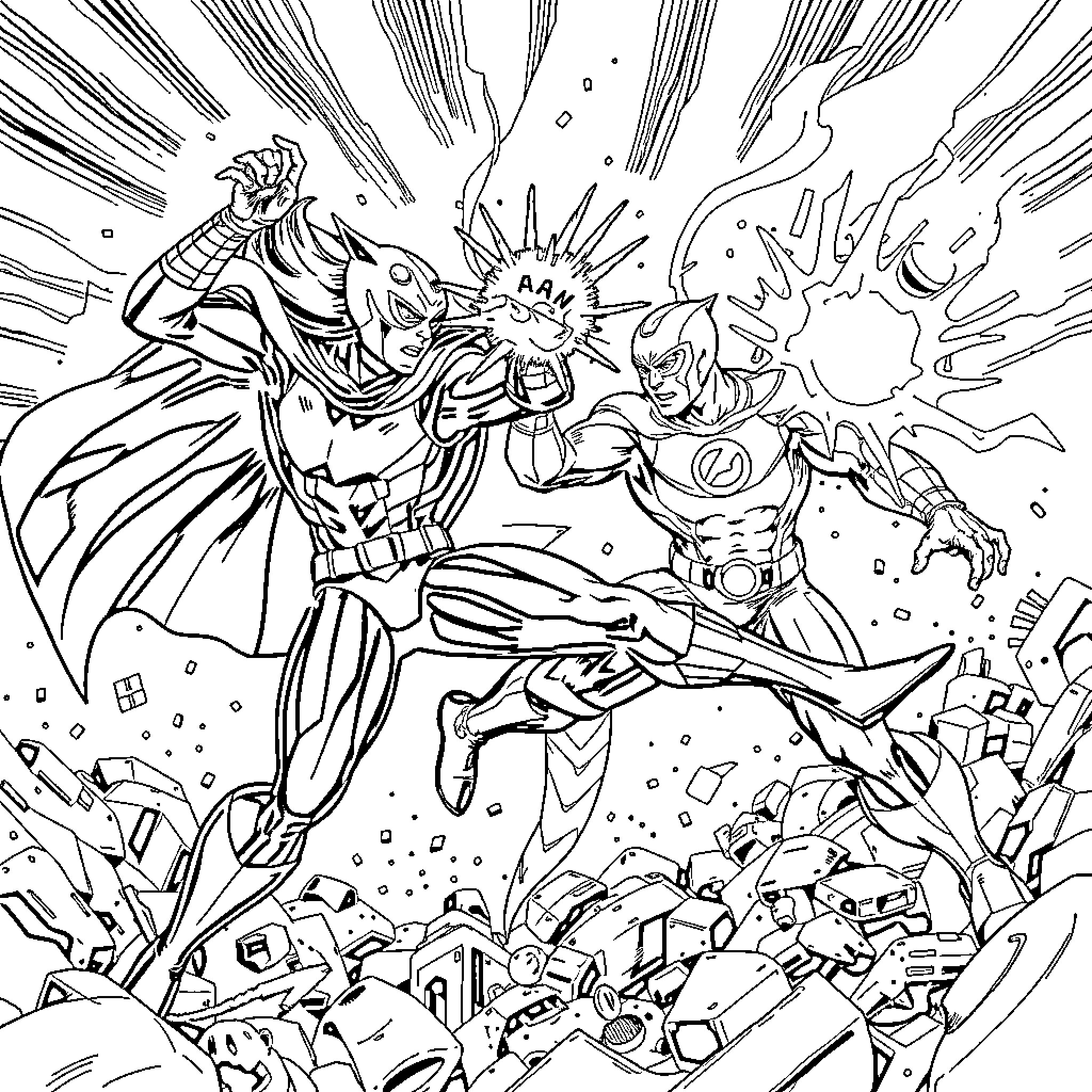 Avenger Heroes Battle Fierce Villains in Dramatic Scene Coloring Page (free black-and-white line drawing printable PDF for all, from beginners to advanced learners, including children, teens, adults, and seniors)