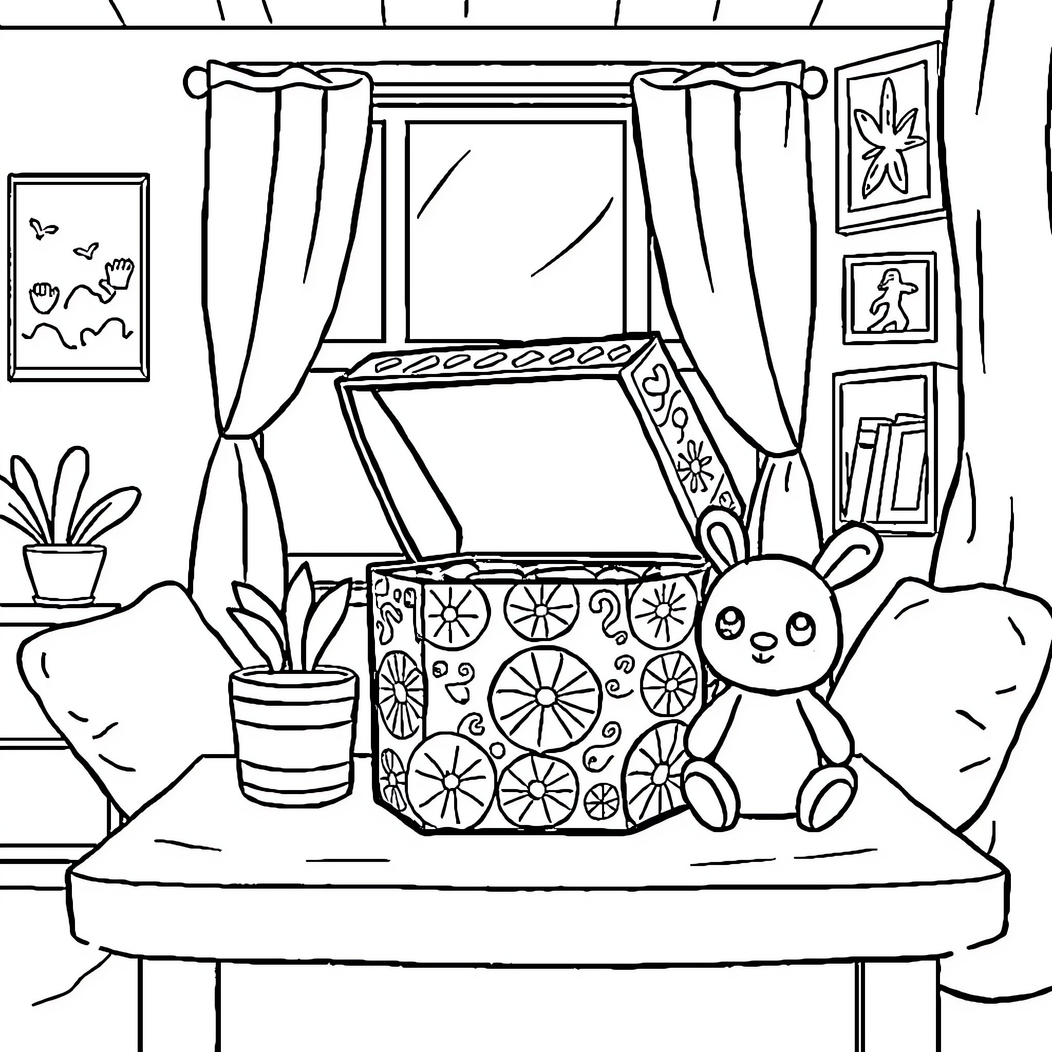 Labubu's Cozy Room with Floral Basket and Plush Companion Coloring Page (free black-and-white line drawing printable PDF for all, from beginners to advanced learners, including children, teens, adults, and seniors)