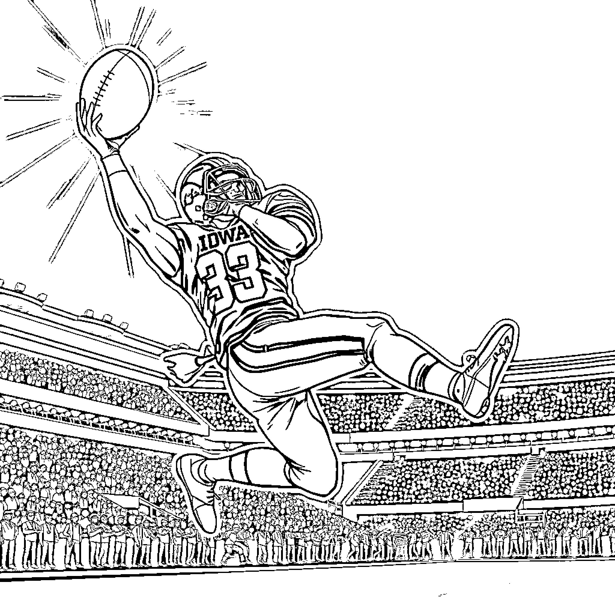 Football Player making a slam dunk in a stadium Coloring Page (free black-and-white line drawing printable PDF for all, from beginners to advanced learners, including children, teens, adults, and seniors)