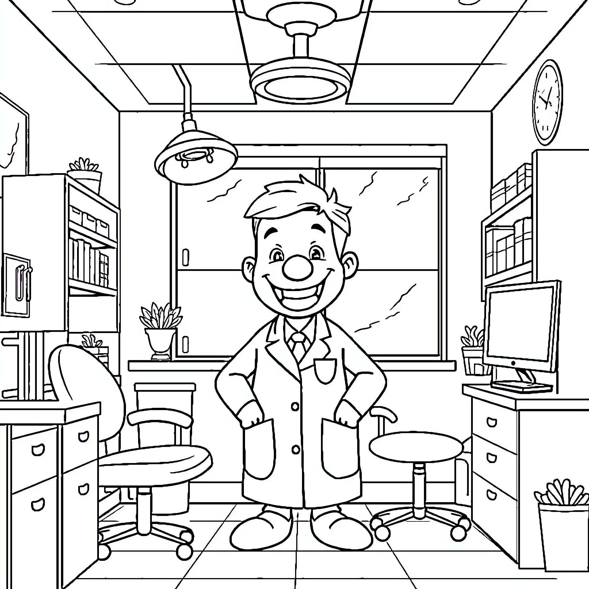 Dentist examining patient in dental office Coloring Page (free black-and-white line drawing printable PDF for all, from beginners to advanced learners, including children, teens, adults, and seniors)