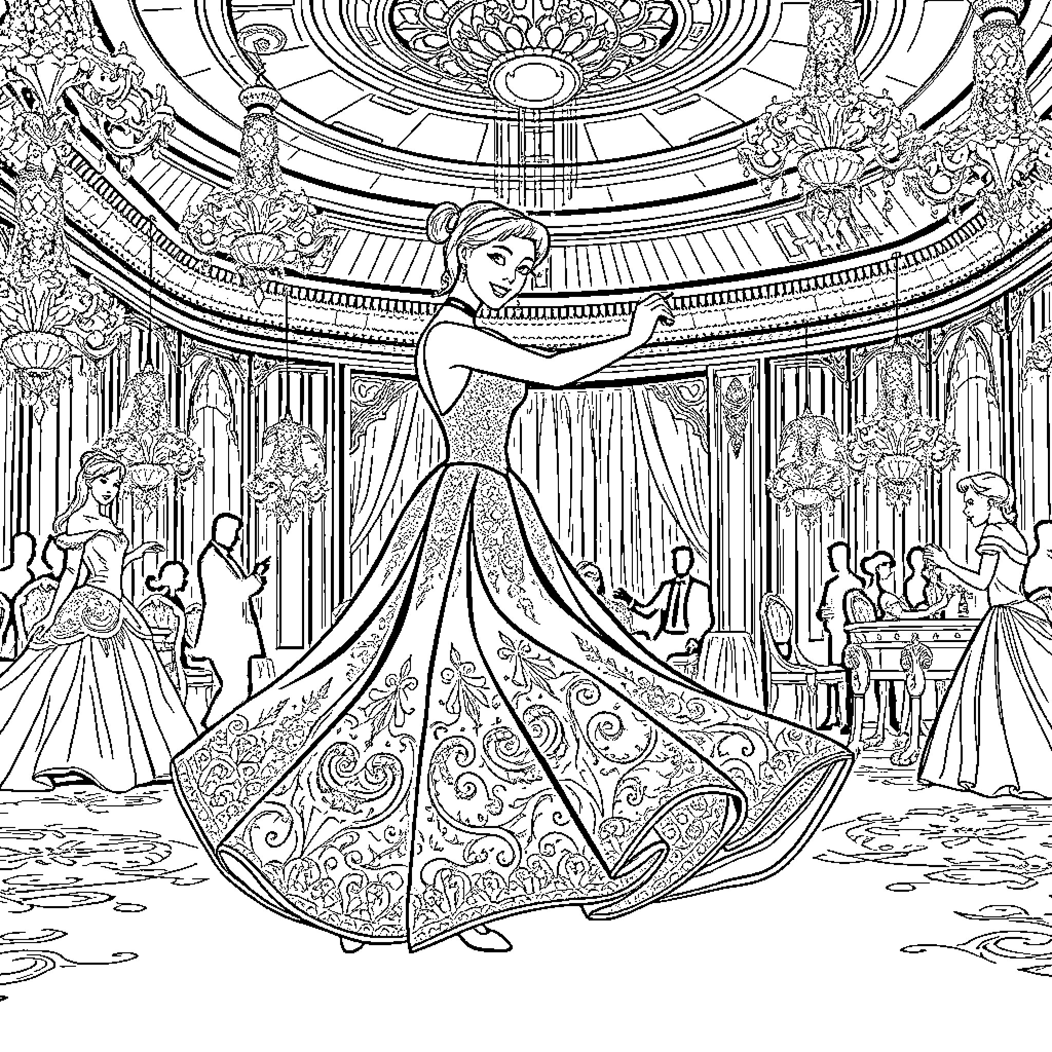 Cinderella's Enchanting Ball Gown Coloring Page (free black-and-white line drawing printable PDF for all, from beginners to advanced learners, including children, teens, adults, and seniors)