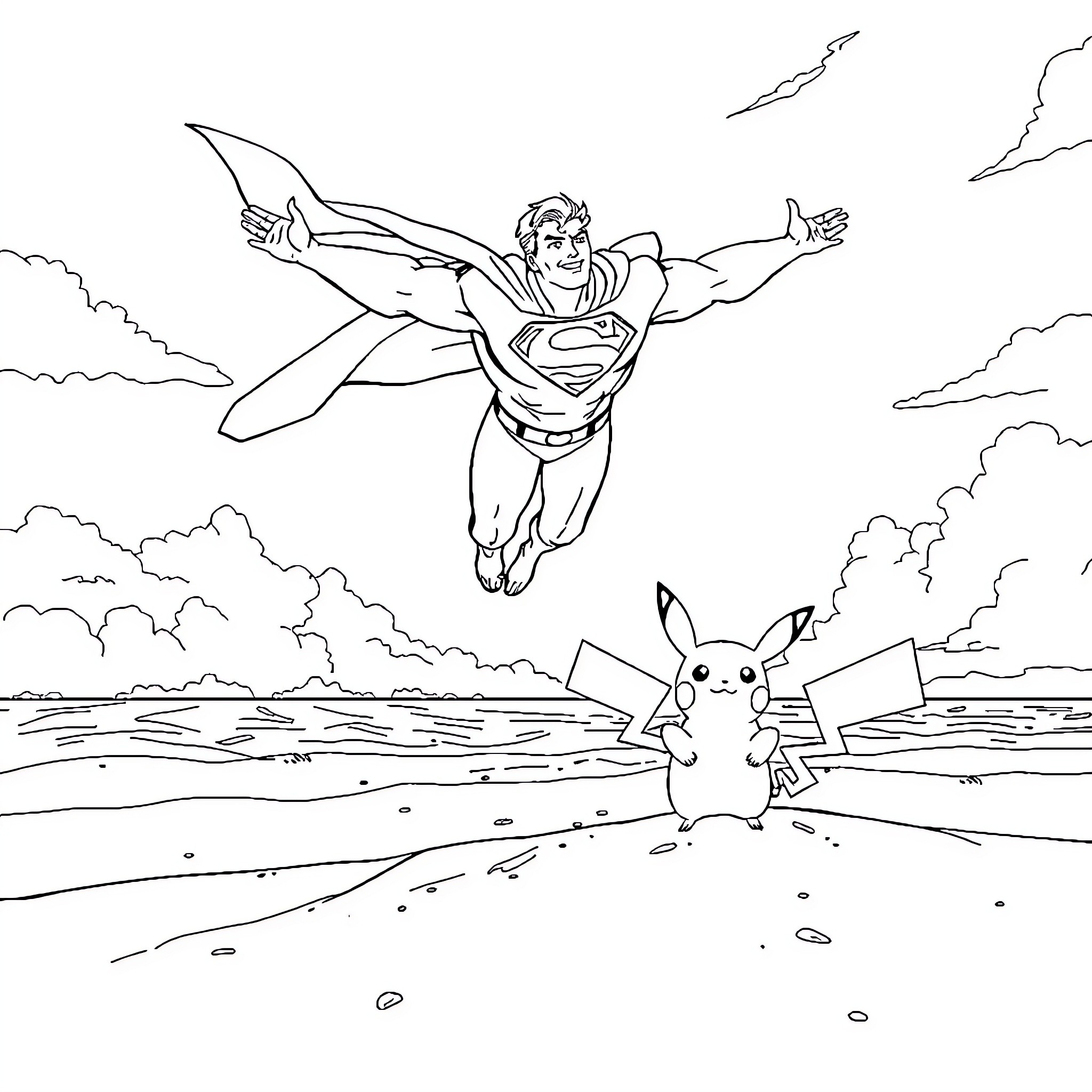Superman soaring heroically through the sky Coloring Page (free black-and-white line drawing printable PDF for all, from beginners to advanced learners, including children, teens, adults, and seniors)