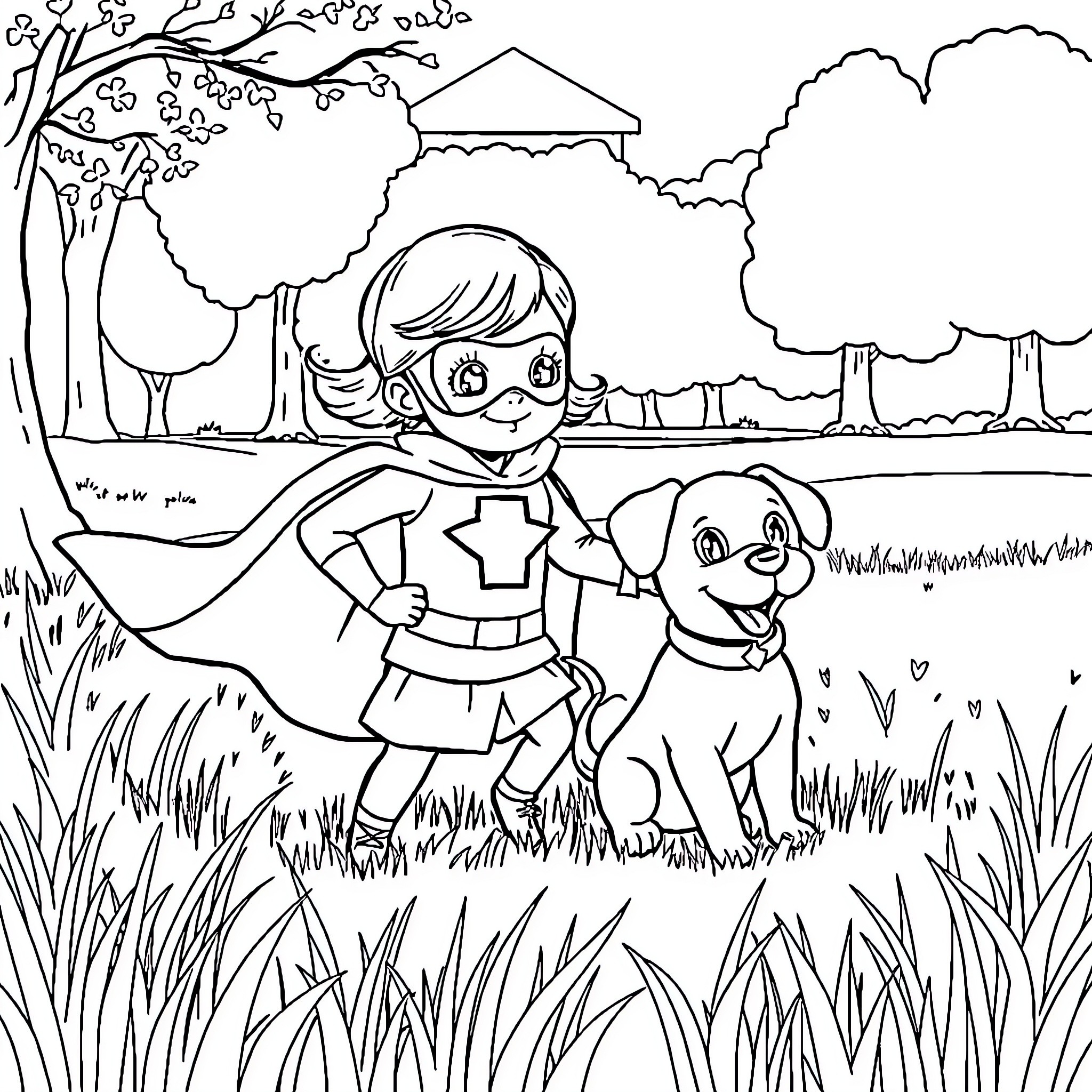 Superhero Girl and Loyal Puppy in Nature Coloring Page (free black-and-white line drawing printable PDF for all, from beginners to advanced learners, including children, teens, adults, and seniors)
