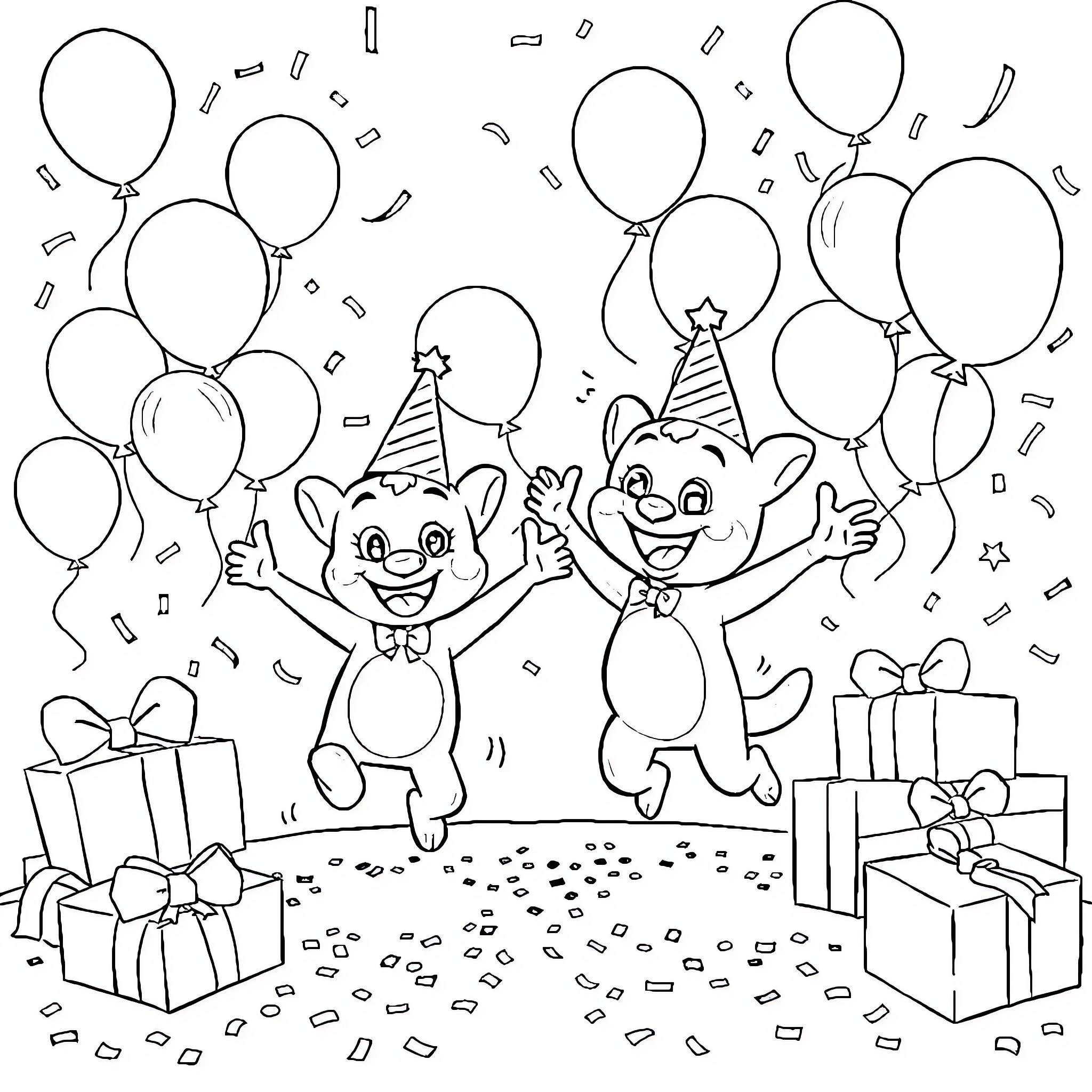 Bluey's Celebratory Party with Friends Coloring Page (free black-and-white line drawing printable PDF for all, from beginners to advanced learners, including children, teens, adults, and seniors)
