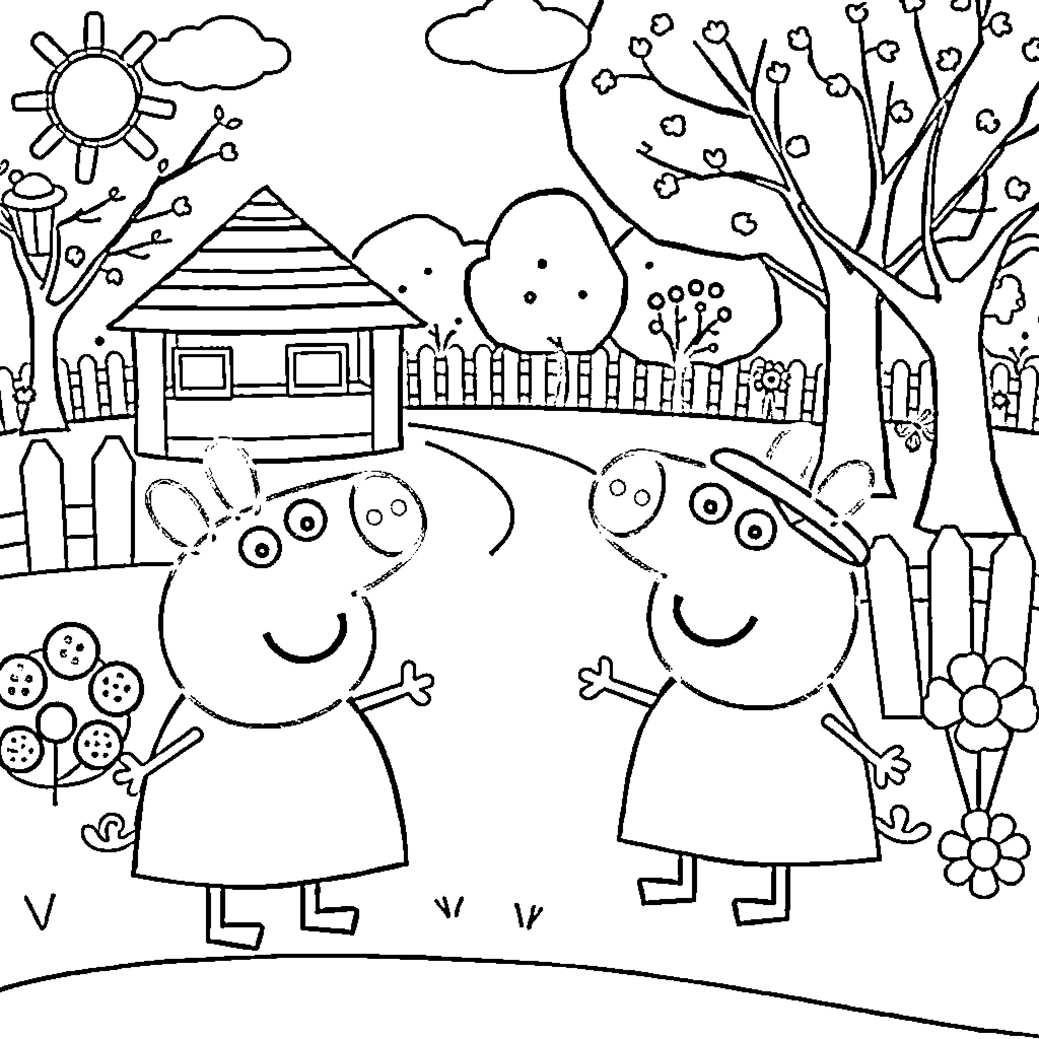 Peppa Pig and friends enjoy a sunny day outdoors Coloring Page (free black-and-white line drawing printable PDF for all, from beginners to advanced learners, including children, teens, adults, and seniors)