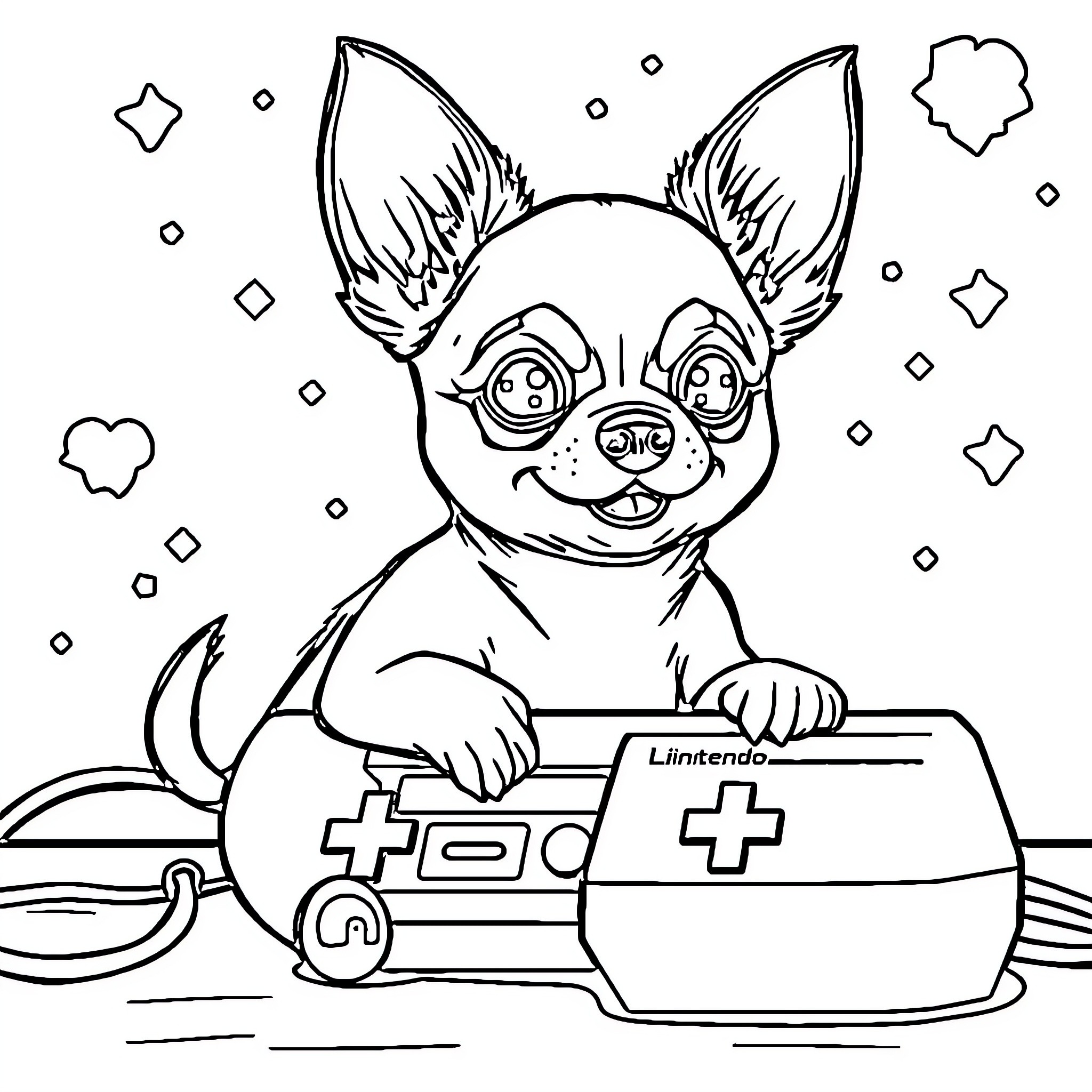 Chihuahua playing with video game controller Coloring Page (free black-and-white line drawing printable PDF for all, from beginners to advanced learners, including children, teens, adults, and seniors)