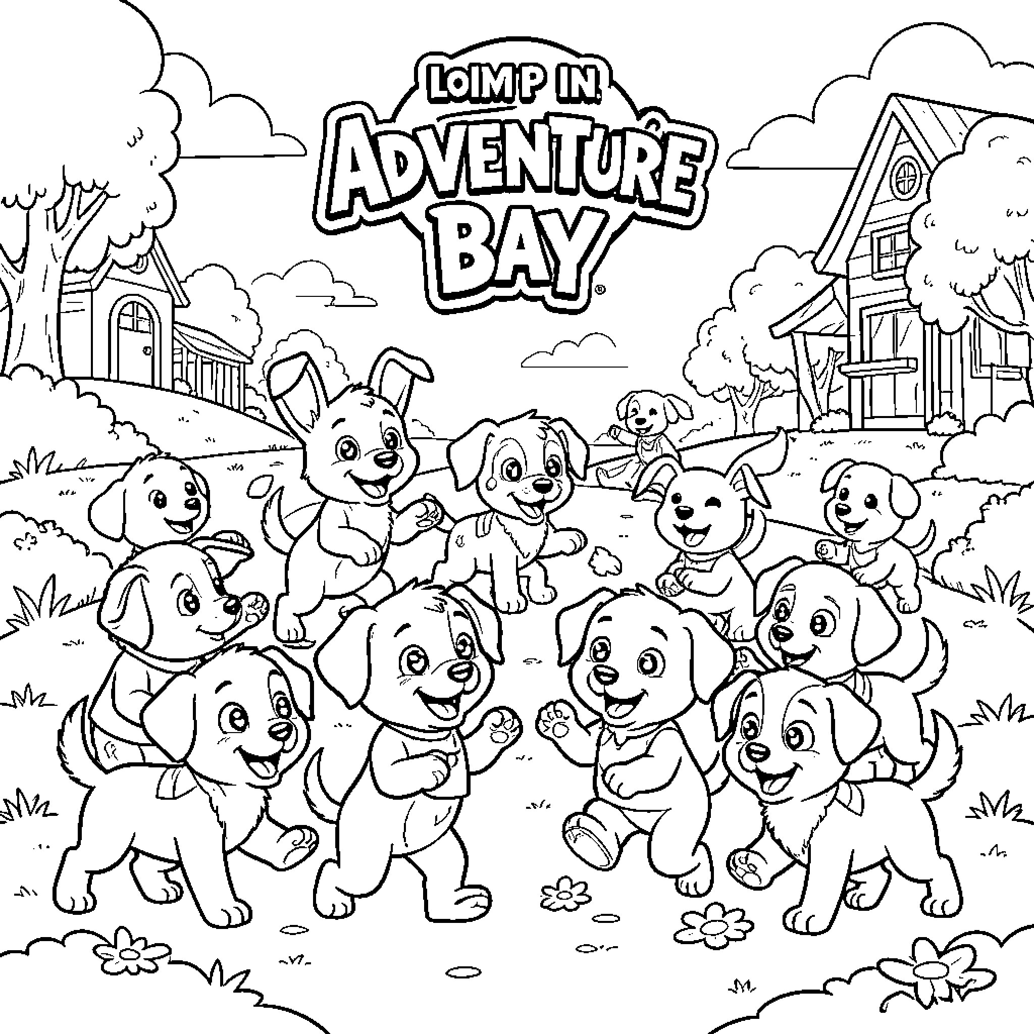 Paw Patrol pups playing joyfully in Adventure Bay Coloring Page (free black-and-white line drawing printable PDF for all, from beginners to advanced learners, including children, teens, adults, and seniors)