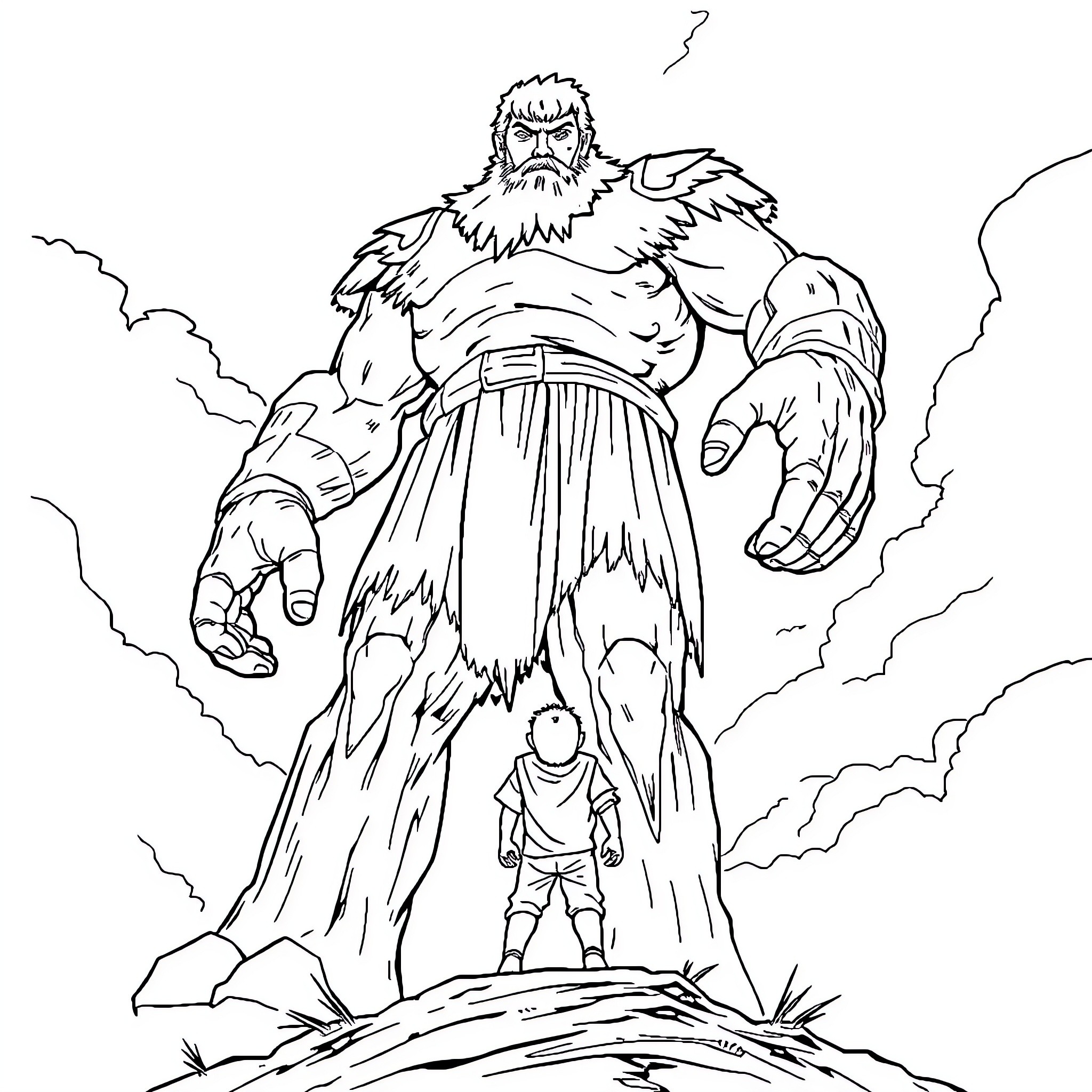 Boy faces fearsome, furry giant in the storm Coloring Page (free black-and-white line drawing printable PDF for all, from beginners to advanced learners, including children, teens, adults, and seniors)