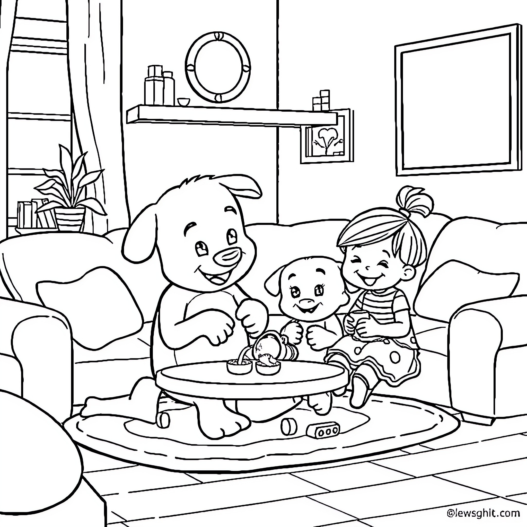 Bluey Family Enjoying Playtime Together Coloring Page (free black-and-white line drawing printable PDF for all, from beginners to advanced learners, including children, teens, adults, and seniors)