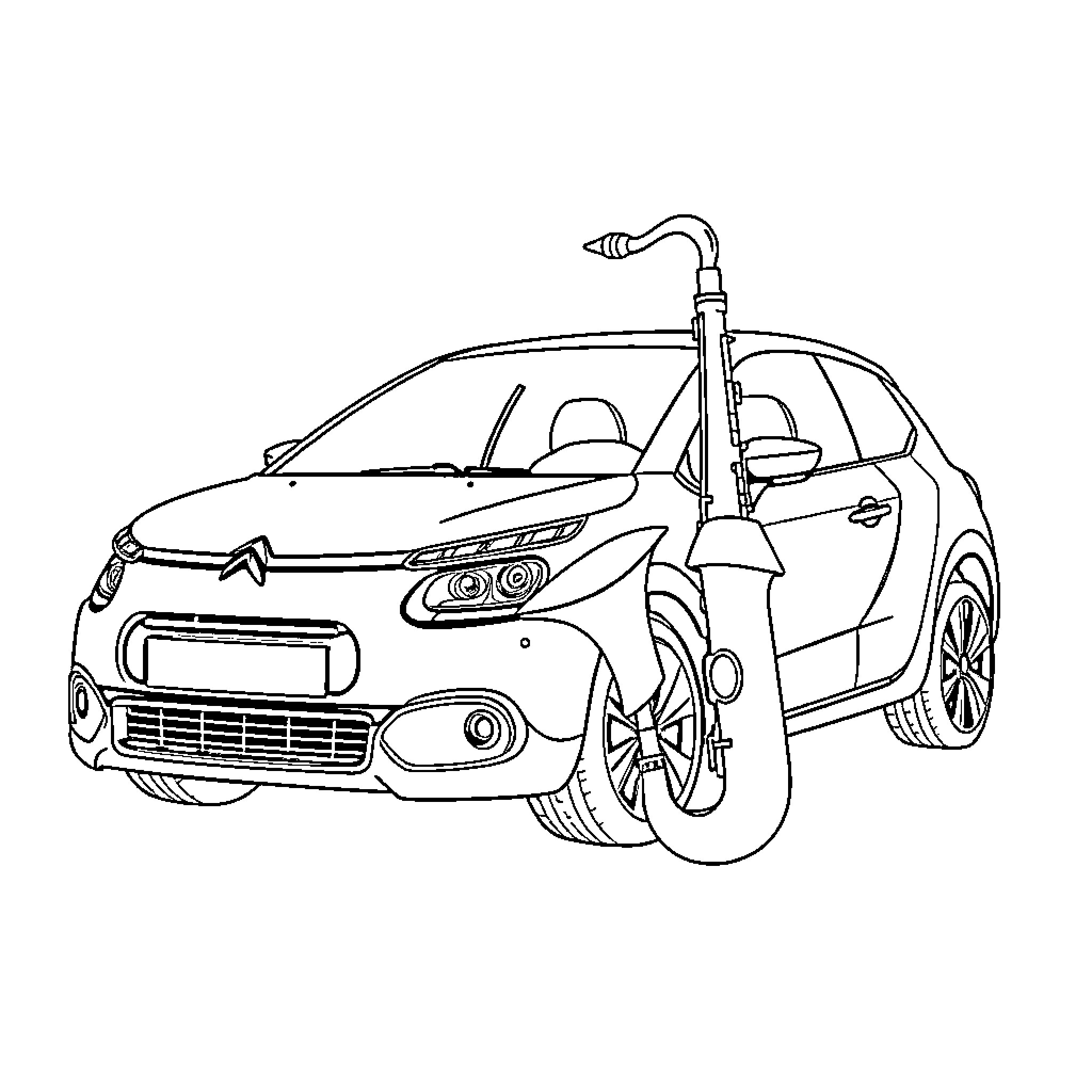 Citroën Saxo with pumped-up tires and custom accessories Coloring Page (free black-and-white line drawing printable PDF for all, from beginners to advanced learners, including children, teens, adults, and seniors)