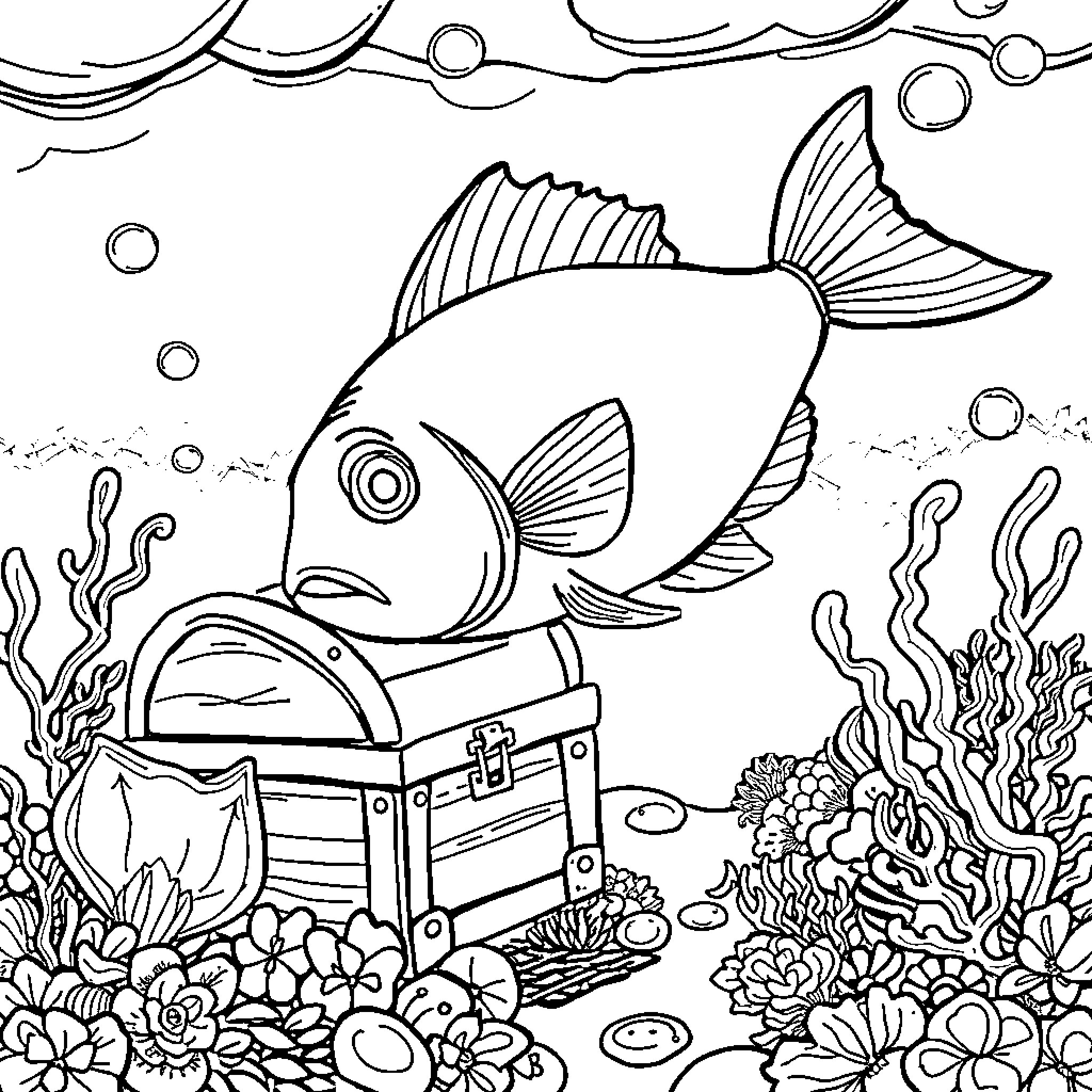 Fish exploring an underwater treasure chest Coloring Page (free black-and-white line drawing printable PDF for all, from beginners to advanced learners, including children, teens, adults, and seniors)