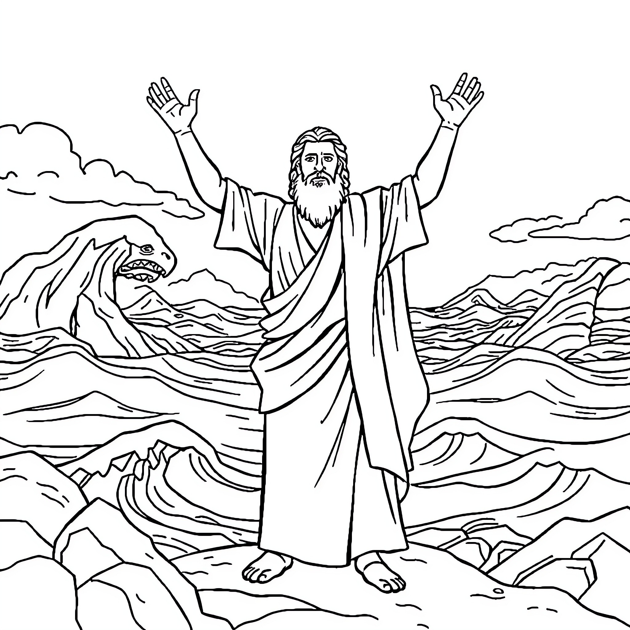 Moses parting the Red Sea with outstretched arms Coloring Page (free black-and-white line drawing printable PDF for all, from beginners to advanced learners, including children, teens, adults, and seniors)