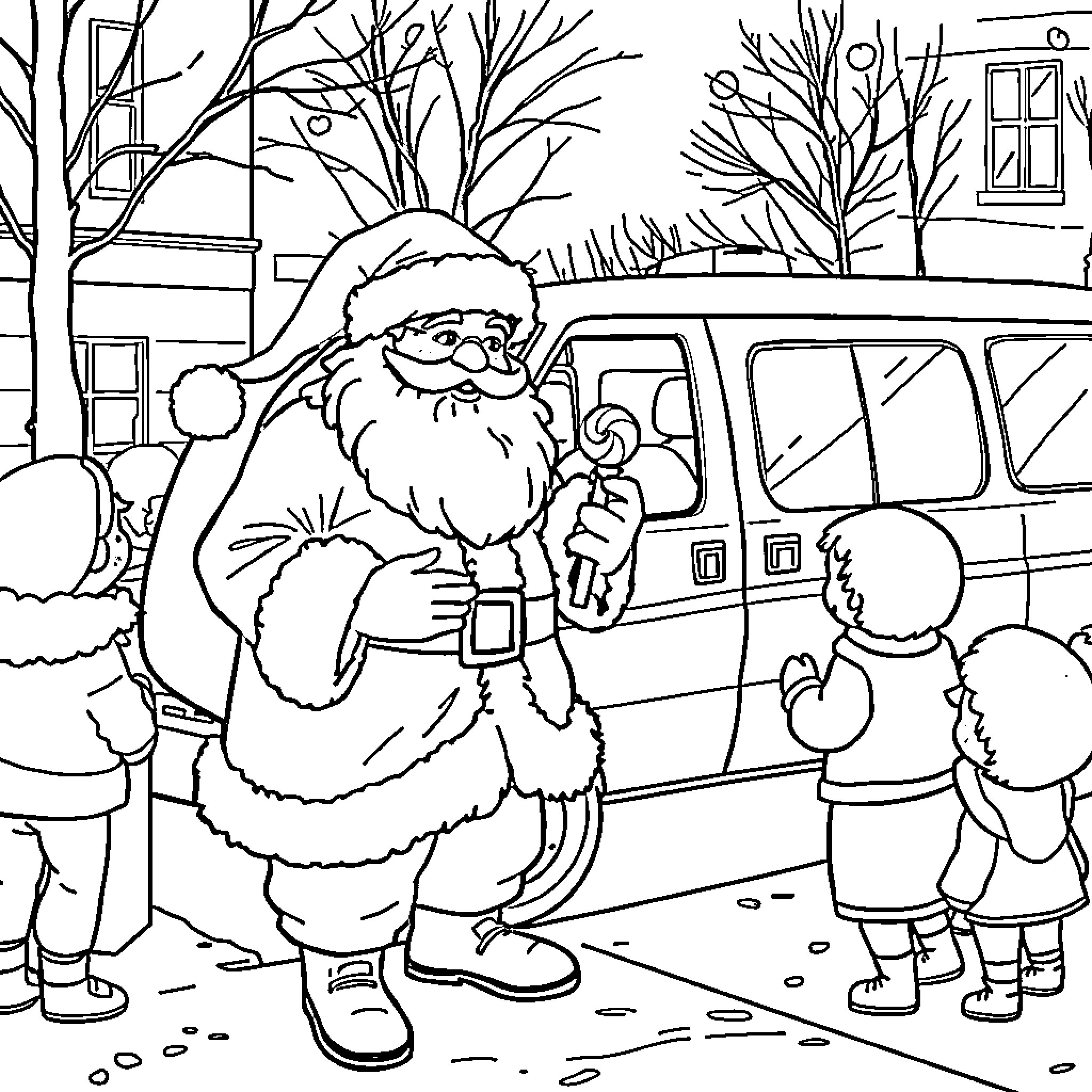 Santa interacts with children in a winter scene Coloring Page (free black-and-white line drawing printable PDF for all, from beginners to advanced learners, including children, teens, adults, and seniors)