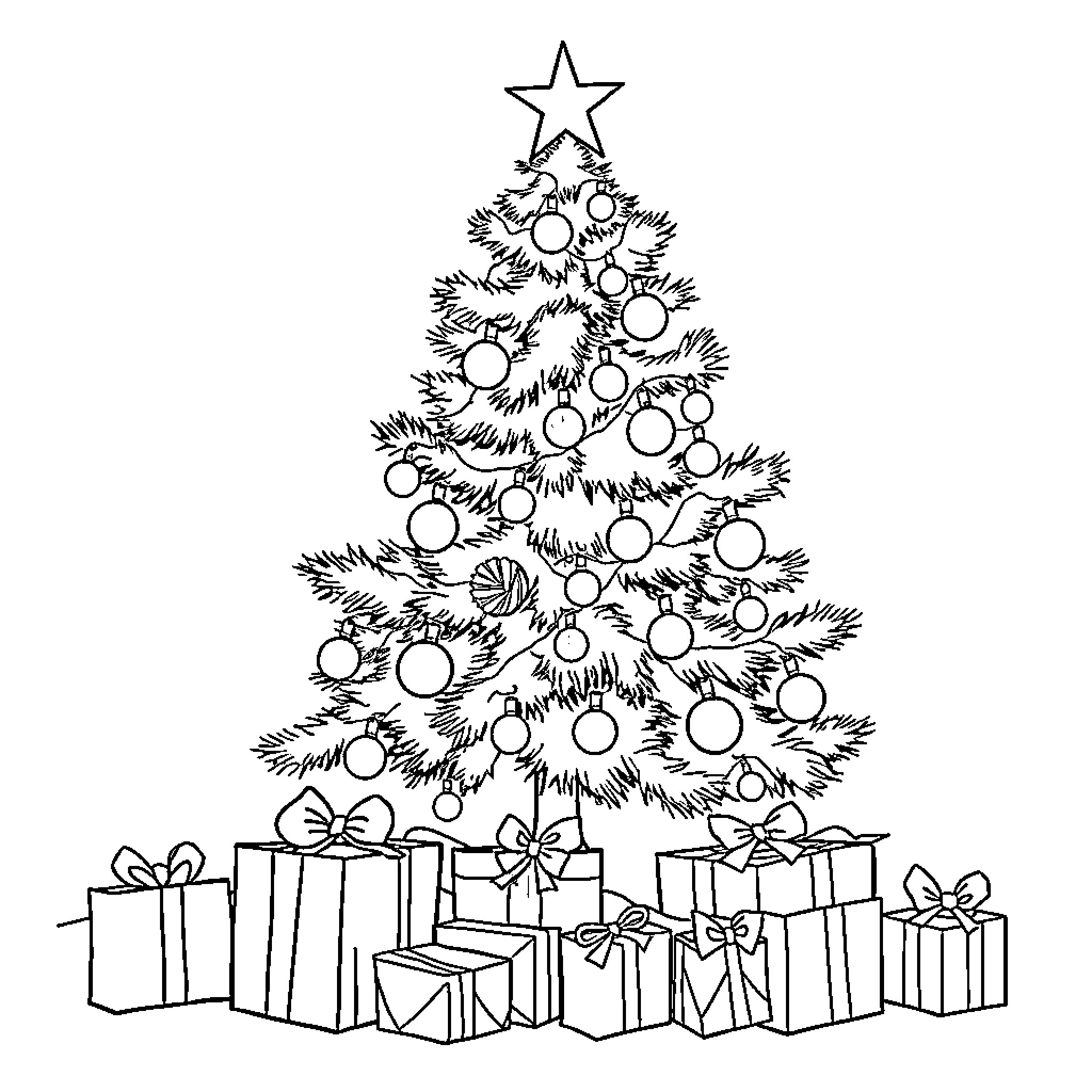 Christmas Tree Decorated with Ornaments and Gifts Coloring Page (free black-and-white line drawing printable PDF for all, from beginners to advanced learners, including children, teens, adults, and seniors)