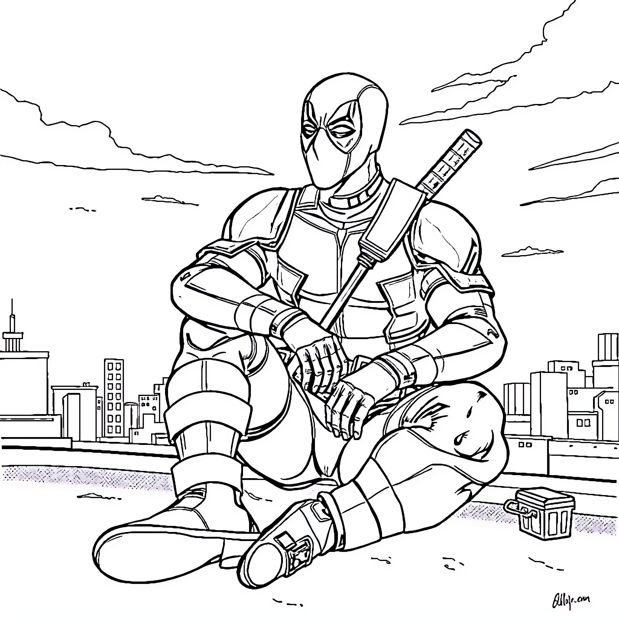 Deadpool in action pose over fallen opponent Coloring Page (free black-and-white line drawing printable PDF for all, from beginners to advanced learners, including children, teens, adults, and seniors)