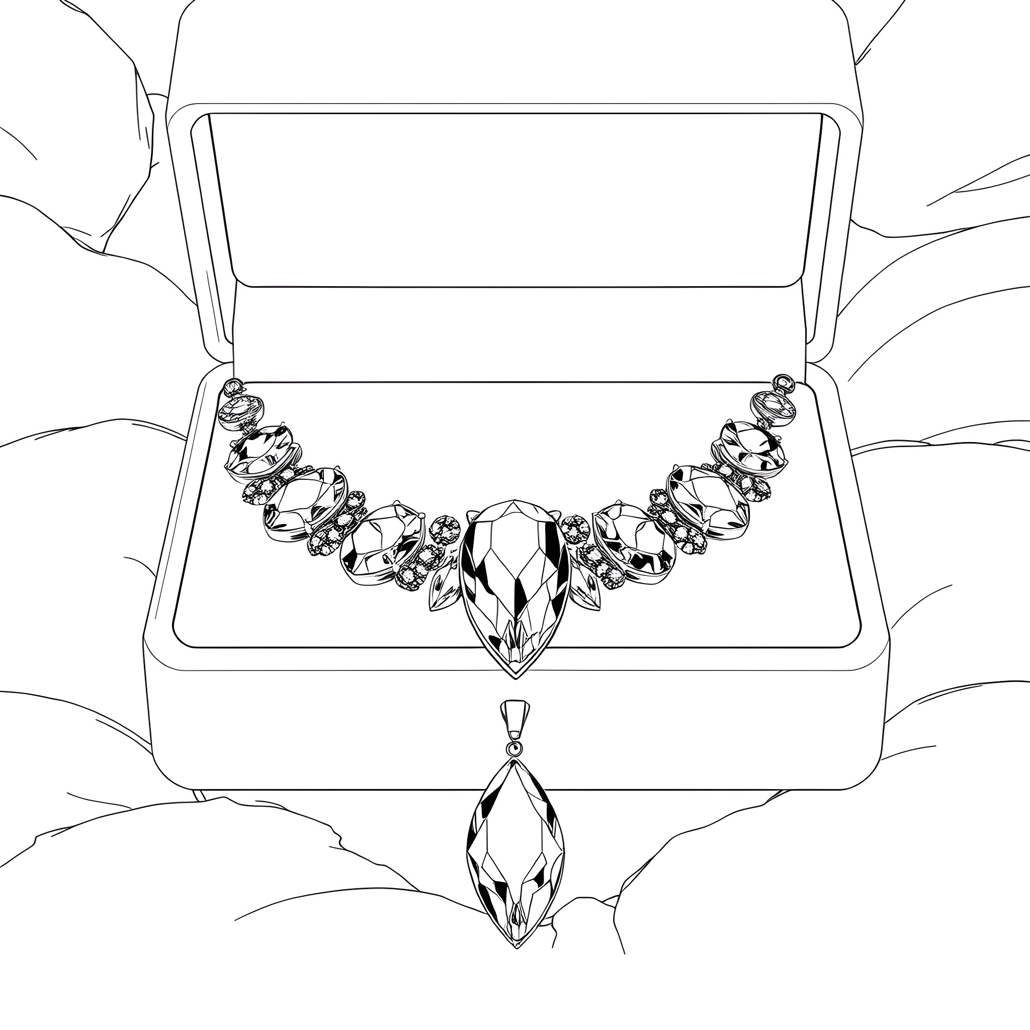 Gemstone jewelry in an open box Coloring Page (free black-and-white line drawing printable PDF for all, from beginners to advanced learners, including children, teens, adults, and seniors)