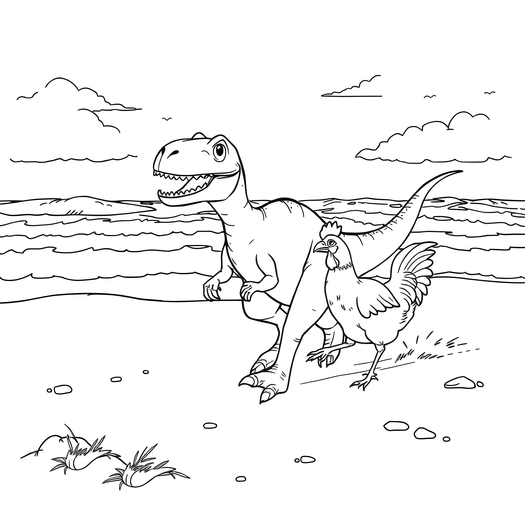 Dinosaur playing by the beach with a bird Coloring Page (free black-and-white line drawing printable PDF for all, from beginners to advanced learners, including children, teens, adults, and seniors)