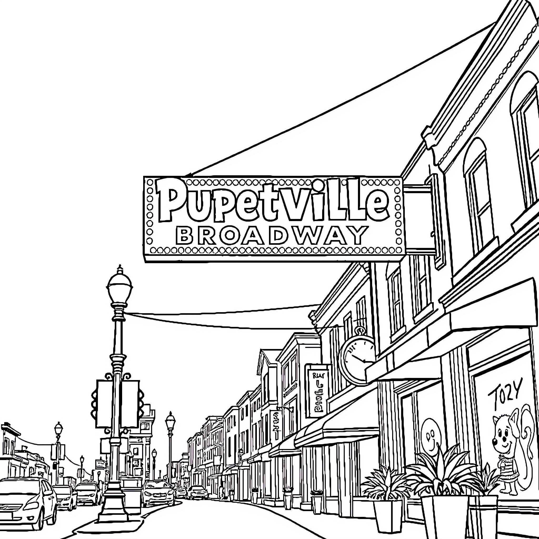 Broadway scene with Puppetville sign and storefronts Coloring Page (free black-and-white line drawing printable PDF for all, from beginners to advanced learners, including children, teens, adults, and seniors)