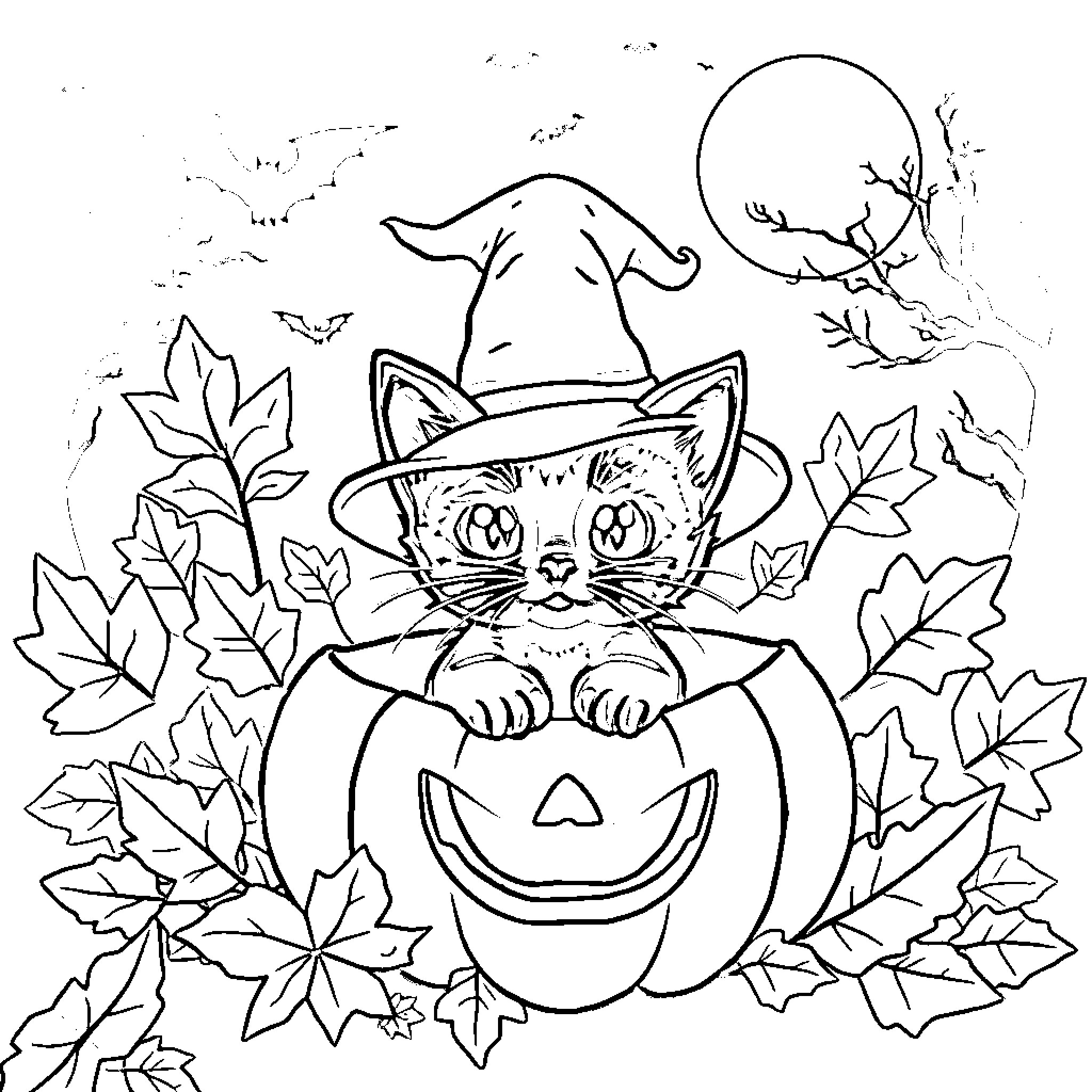 Cat in Halloween pumpkin with leaves Coloring Page (free black-and-white line drawing printable PDF for all, from beginners to advanced learners, including children, teens, adults, and seniors)