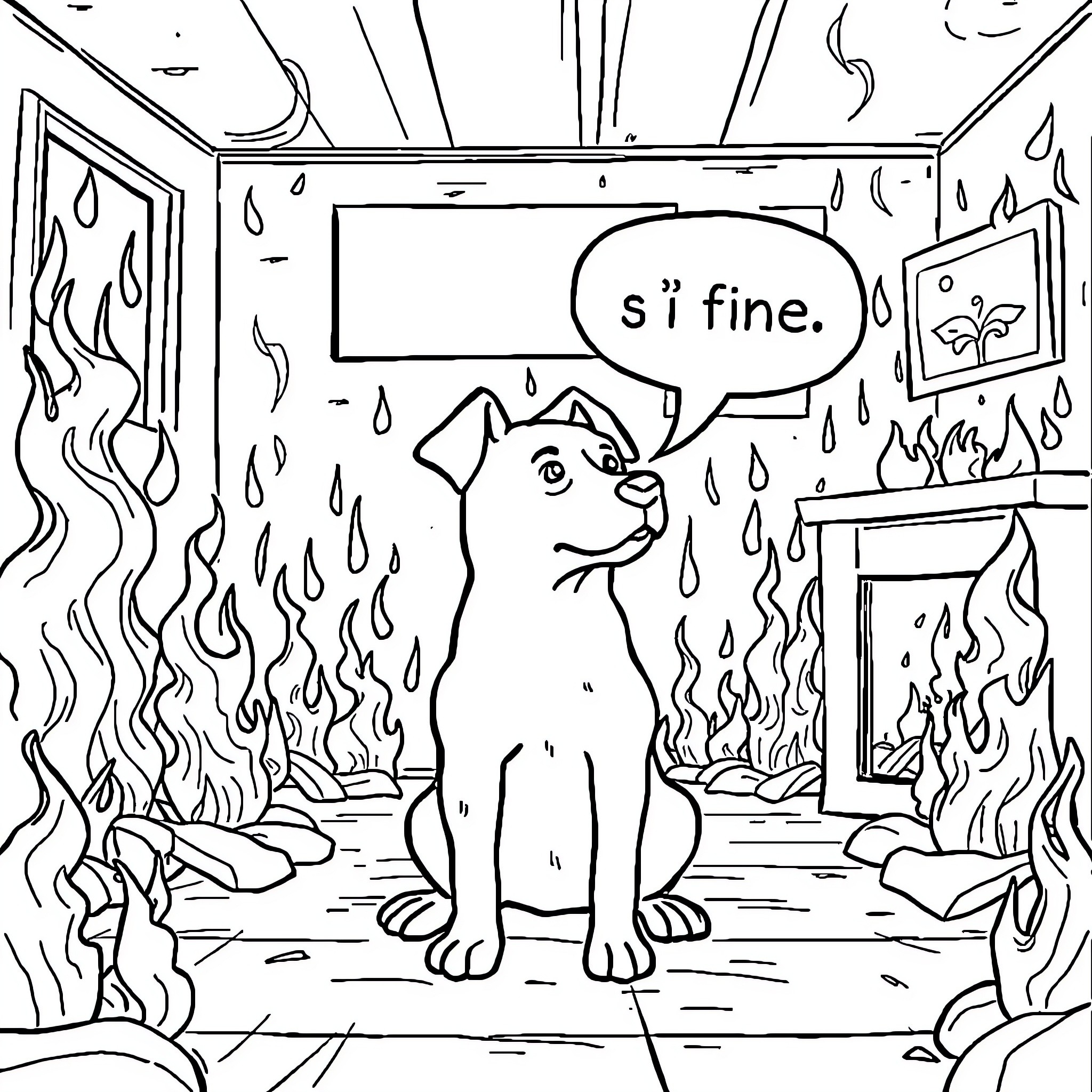 Meme Dog Speaks Sarcastically Amidst Fiery Chaos Coloring Page (free black-and-white line drawing printable PDF for all, from beginners to advanced learners, including children, teens, adults, and seniors)