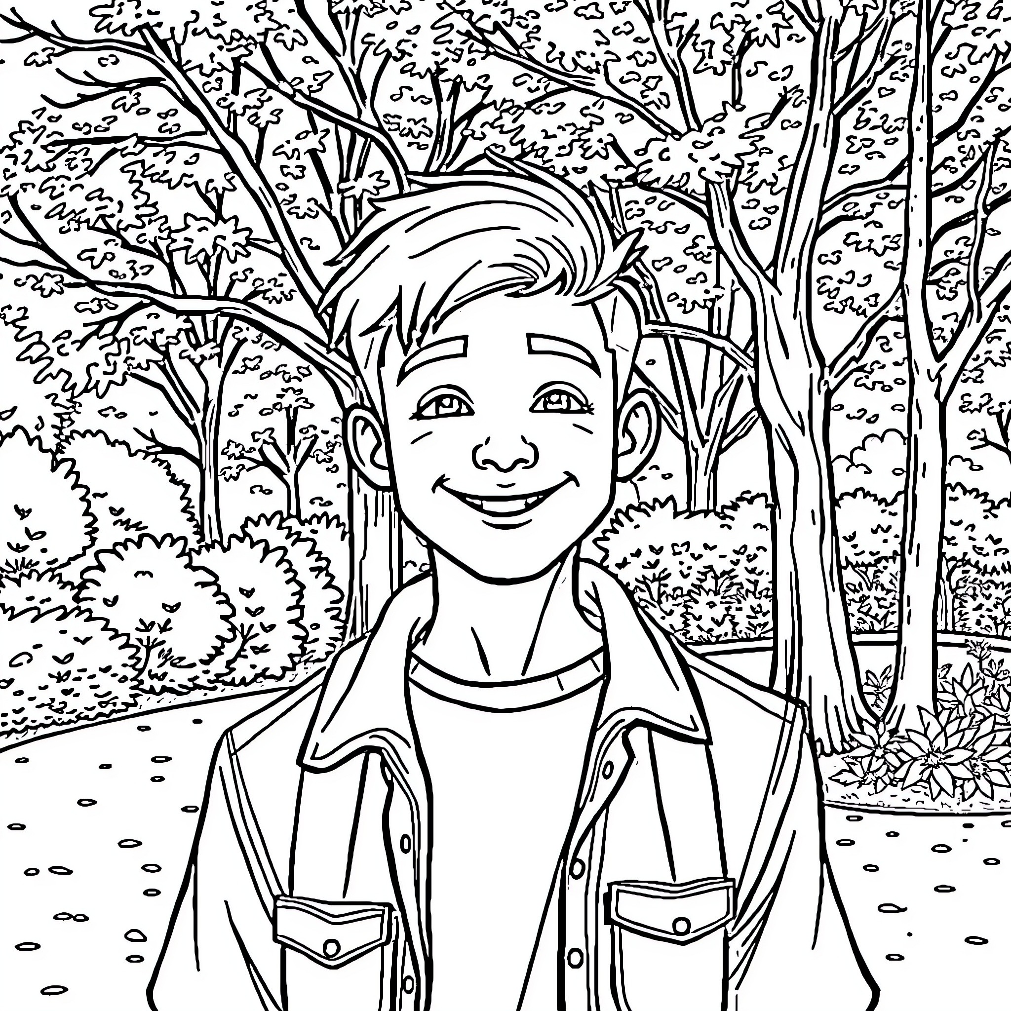 Samuel's Delightful Nature Walk Coloring Page (free black-and-white line drawing printable PDF for all, from beginners to advanced learners, including children, teens, adults, and seniors)