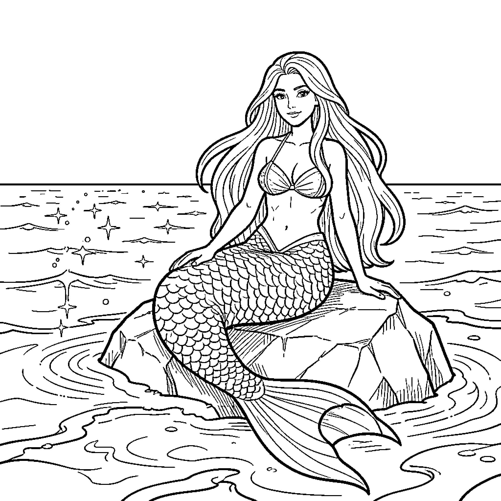 Mermaid sitting on a rock in the ocean Coloring Page (free black-and-white line drawing printable PDF for all, from beginners to advanced learners, including children, teens, adults, and seniors)