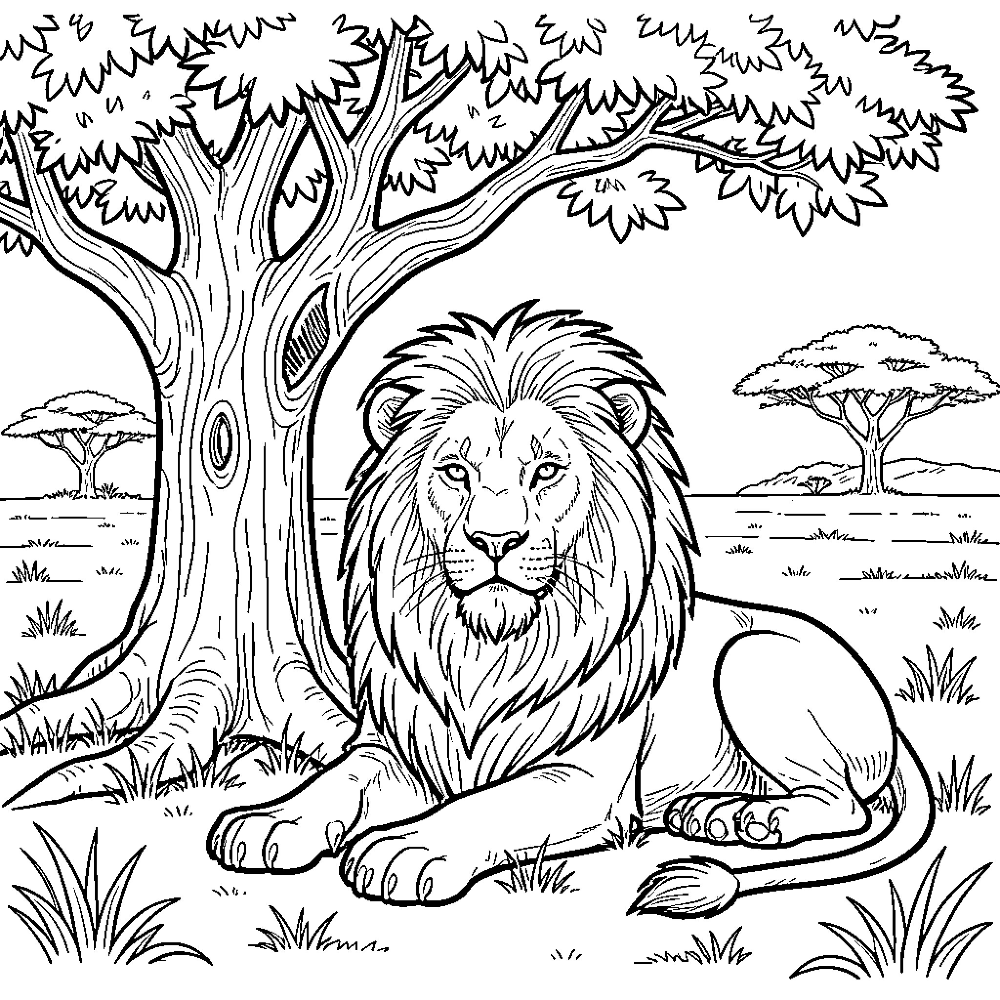 Lion resting in lush jungle landscape Coloring Page (free black-and-white line drawing printable PDF for all, from beginners to advanced learners, including children, teens, adults, and seniors)